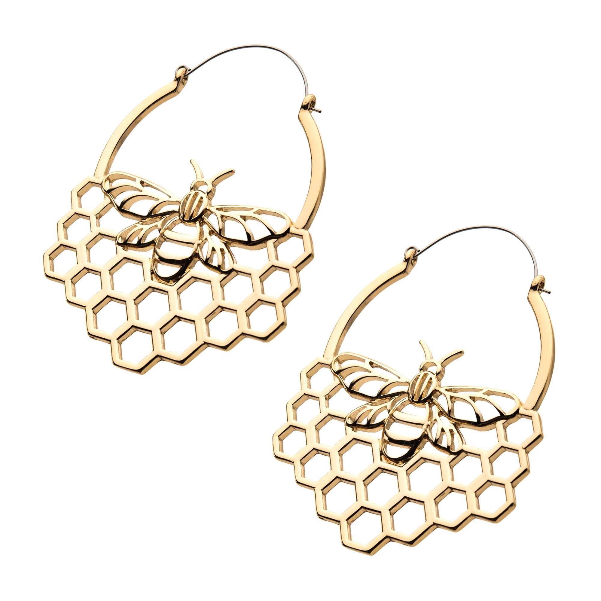 Tapers - Hanging Gold PVD Cut Out Bee in Beecom Plug Hoops -Rebel Bod-RebelBod