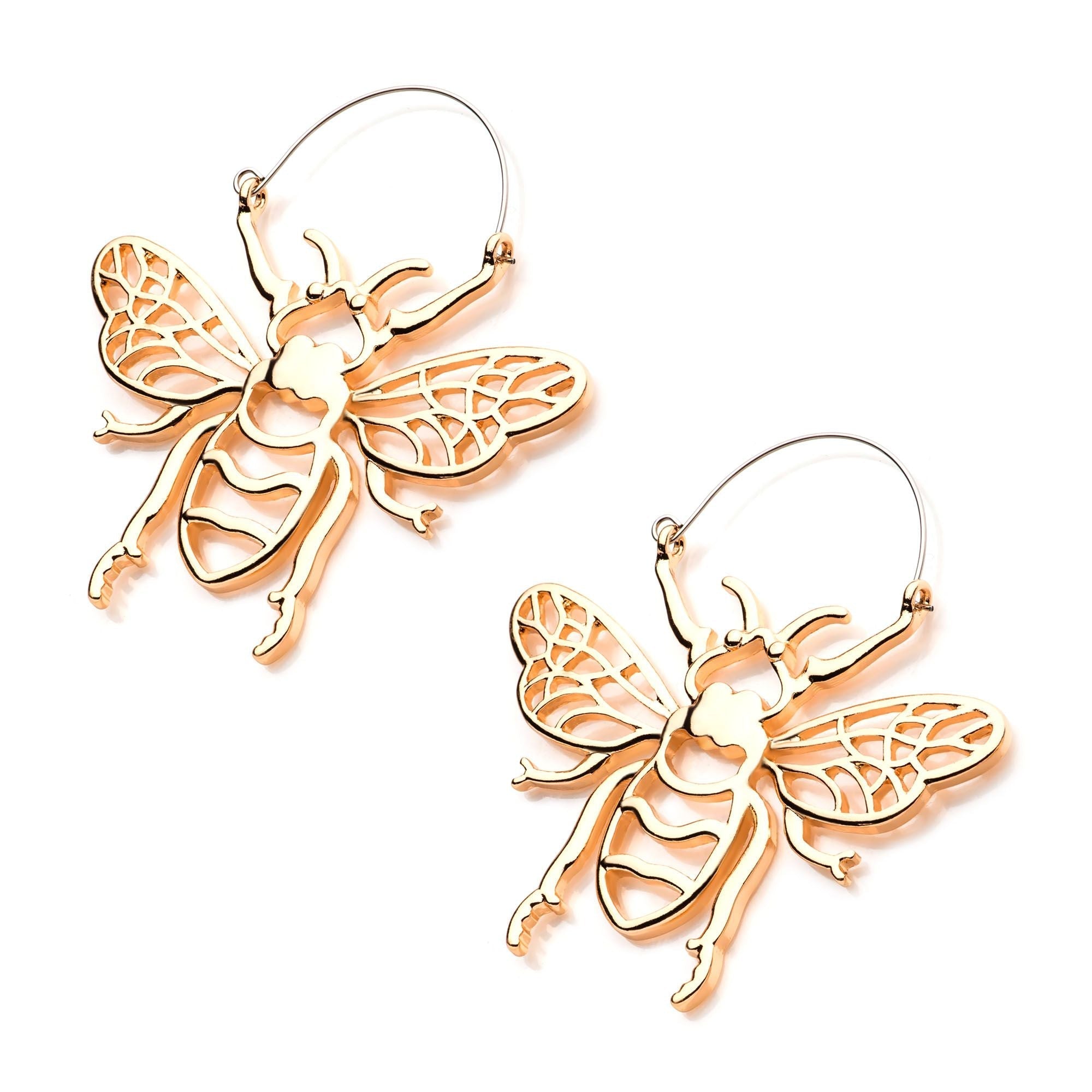 Tapers - Hanging Gold PVD Cut Out Flying Bee Plug Hoops -Rebel Bod-RebelBod