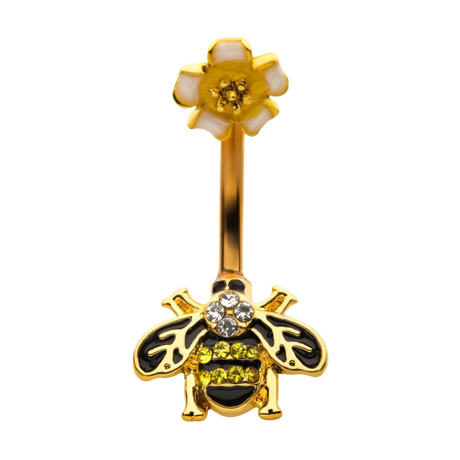Belly Gold PVD Enamel Flower Top Enamel Clear CZ Bee Fixed Navel bna2048gp -Rebel Bod-RebelBod