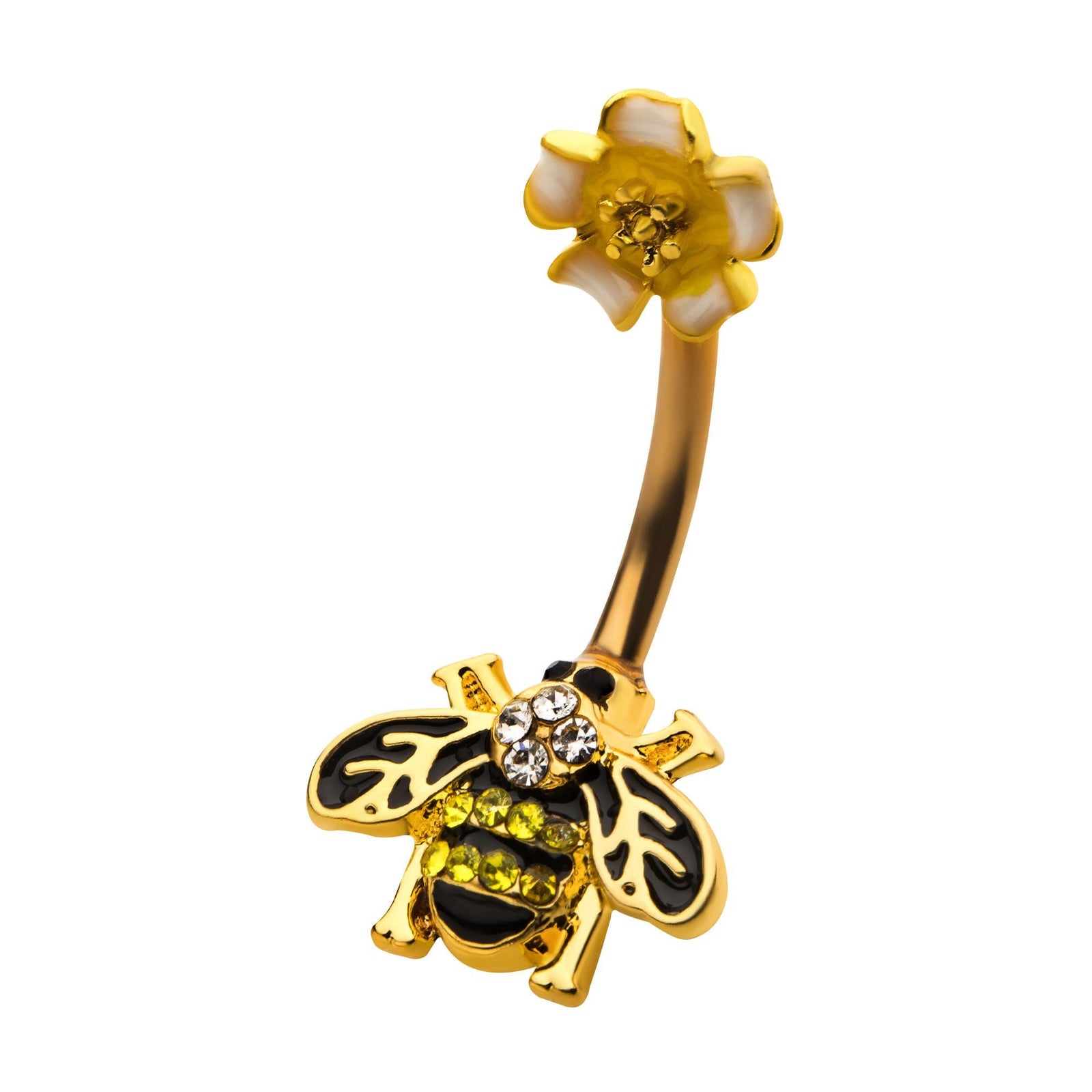 Belly Gold PVD Enamel Flower Top Enamel Clear CZ Bee Fixed Navel bna2048gp -Rebel Bod-RebelBod