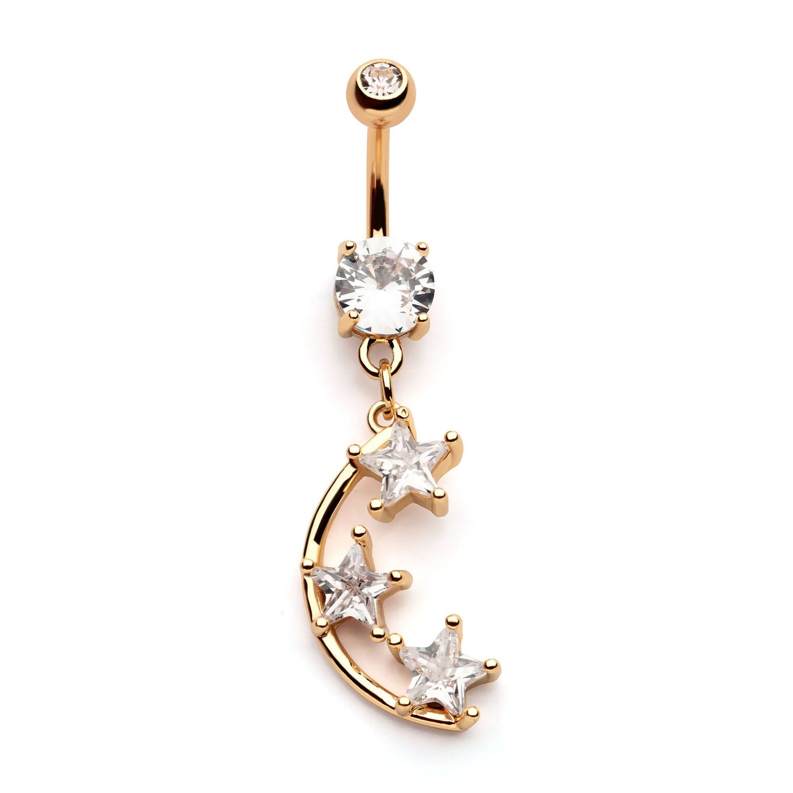 Belly Gold PVD Externally Threaded Clear CZ 3 Stars Dangle Navel nesl-18994gpc -Rebel Bod-RebelBod