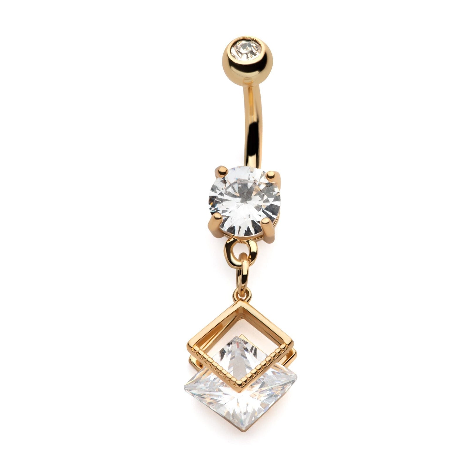 TBD-Belly Gold PVD Externally Threaded Clear Square CZ in a Cut Out Square Shape Dangle Navel -Rebel Bod-RebelBod