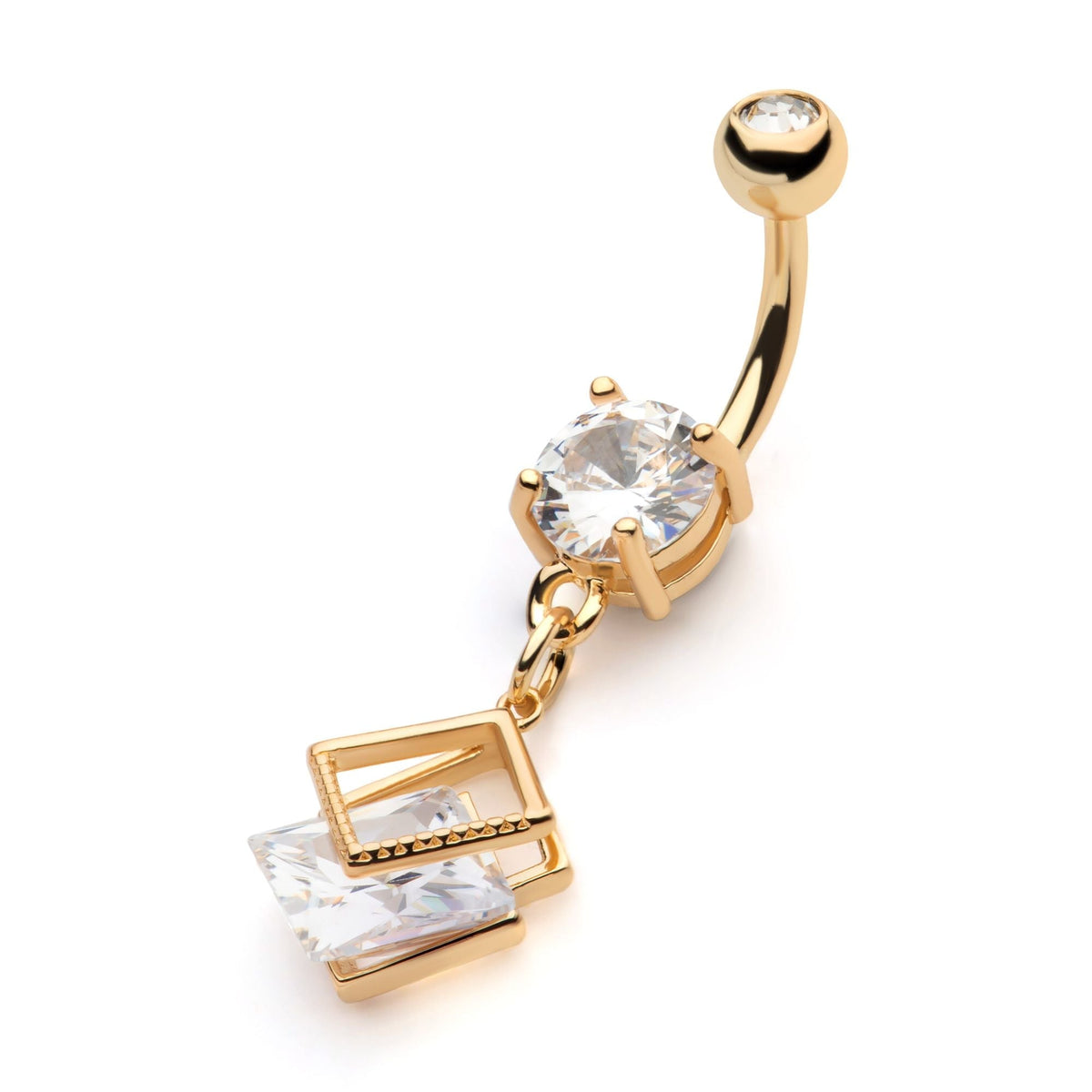 TBD-Belly Gold PVD Externally Threaded Clear Square CZ in a Cut Out Square Shape Dangle Navel -Rebel Bod-RebelBod