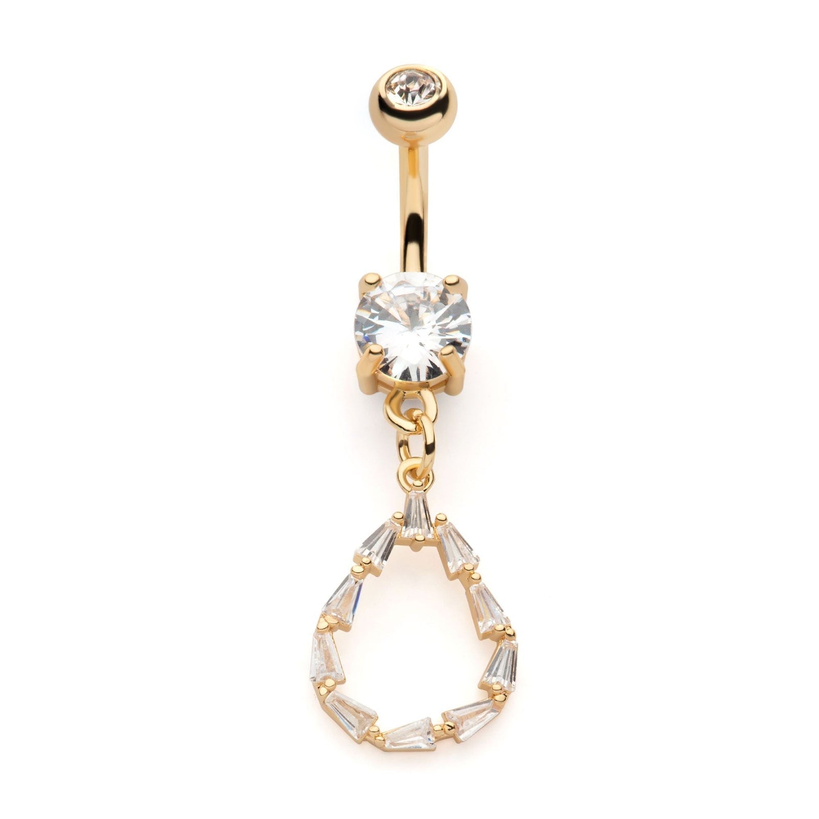 TBD-Belly Gold PVD Externally Threaded Multi Clear Baguette CZ a Cut Out Teardrop Shape Dangle Navel -Rebel Bod-RebelBod