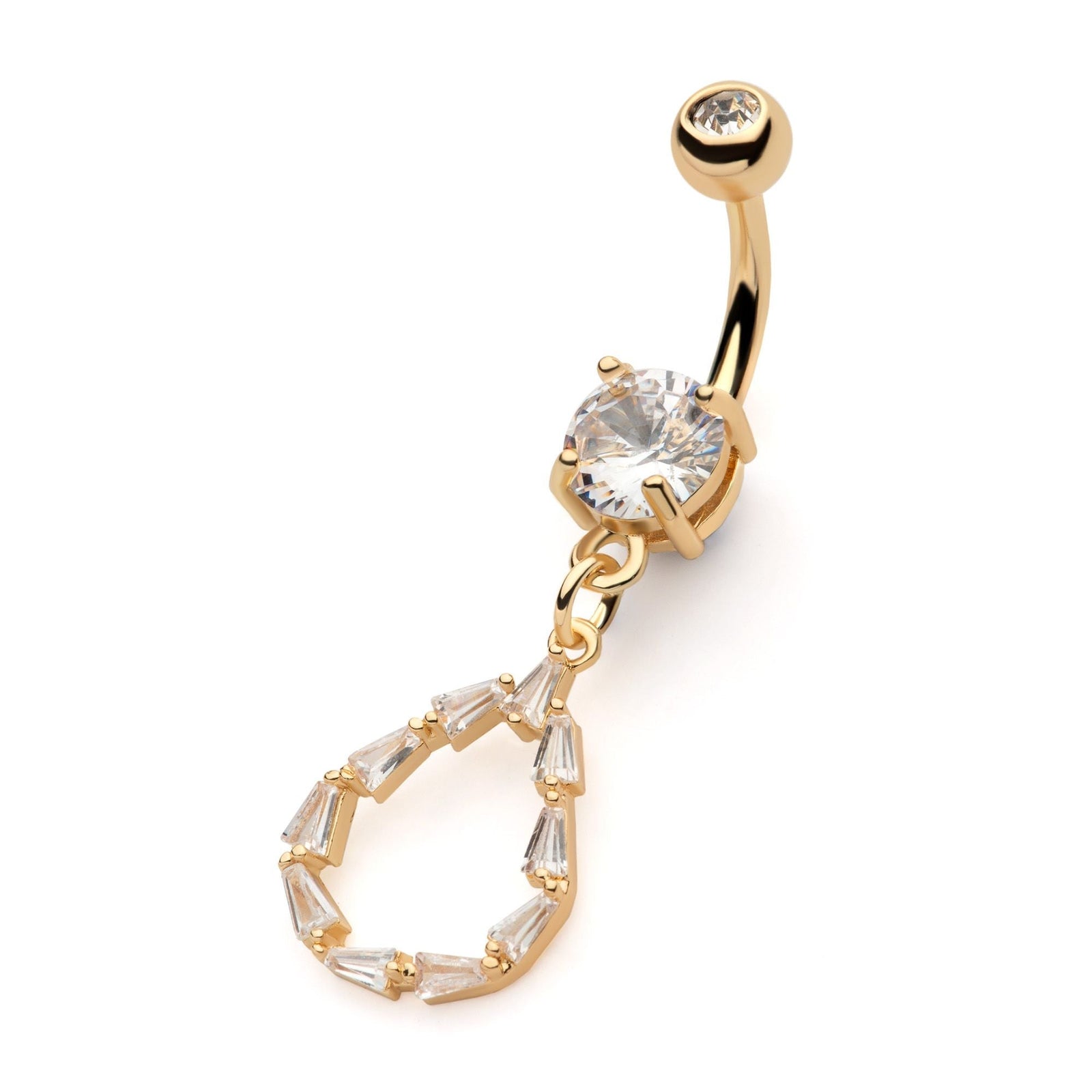 TBD-Belly Gold PVD Externally Threaded Multi Clear Baguette CZ a Cut Out Teardrop Shape Dangle Navel -Rebel Bod-RebelBod