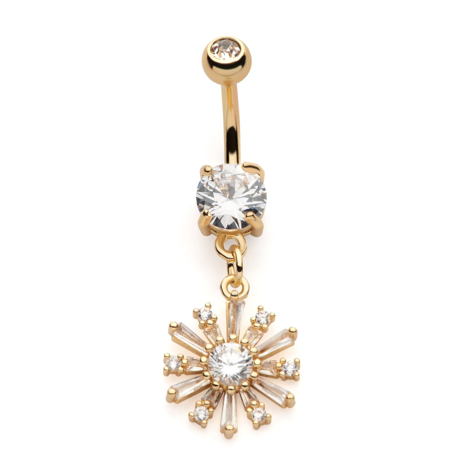 TBD-Belly Gold PVD Externally Threaded Multi Clear Baguette CZ Flower Dangle Navel -Rebel Bod-RebelBod