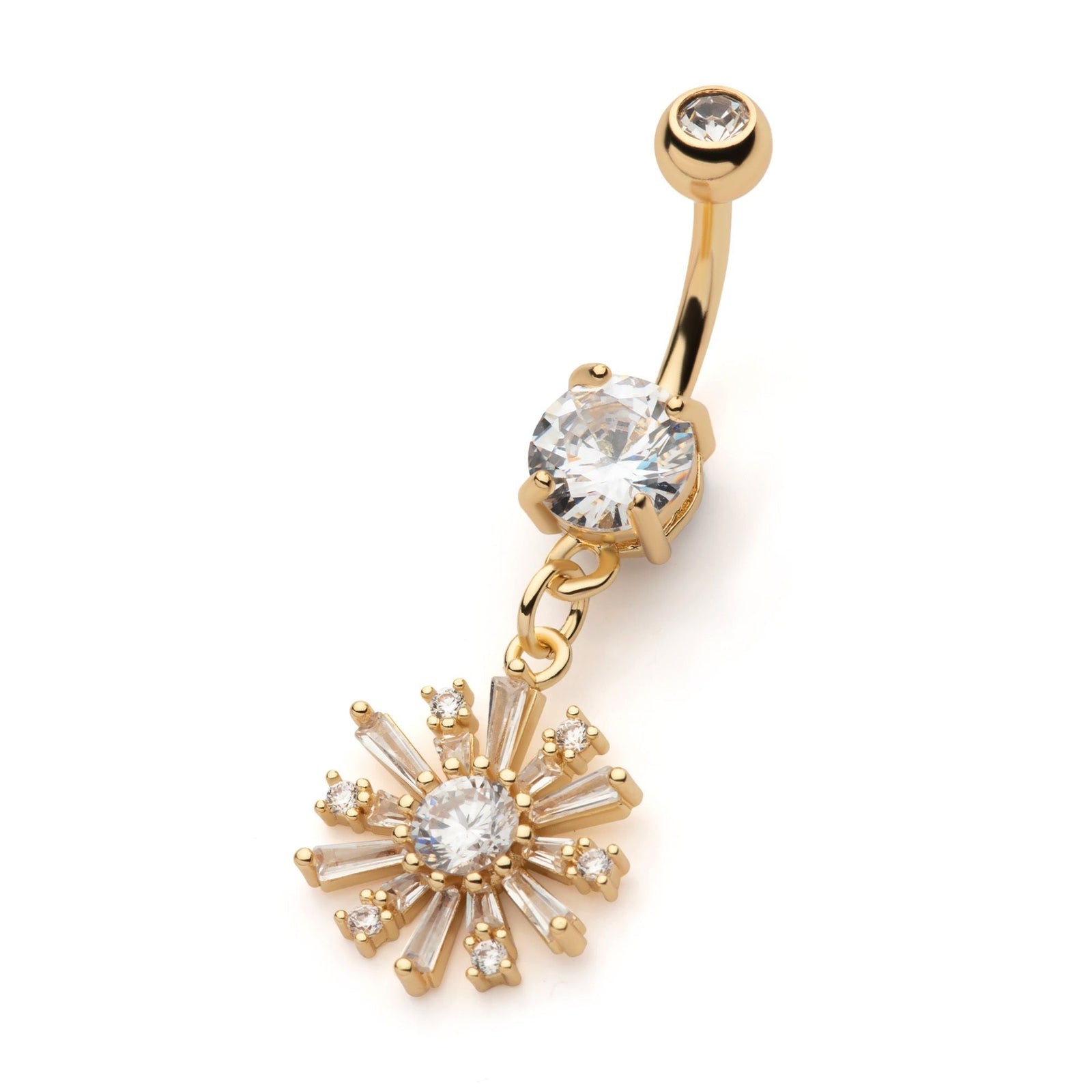 TBD-Belly Gold PVD Externally Threaded Multi Clear Baguette CZ Flower Dangle Navel -Rebel Bod-RebelBod