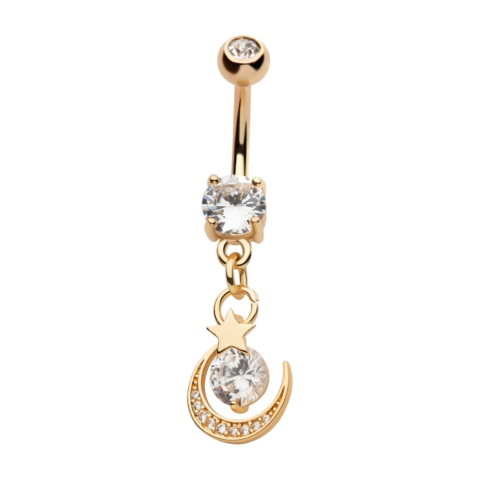 TBD-Belly Gold PVD Externally Threaded Multi Clear CZ Crescent Moon Star Dangle Navel -Rebel Bod-RebelBod