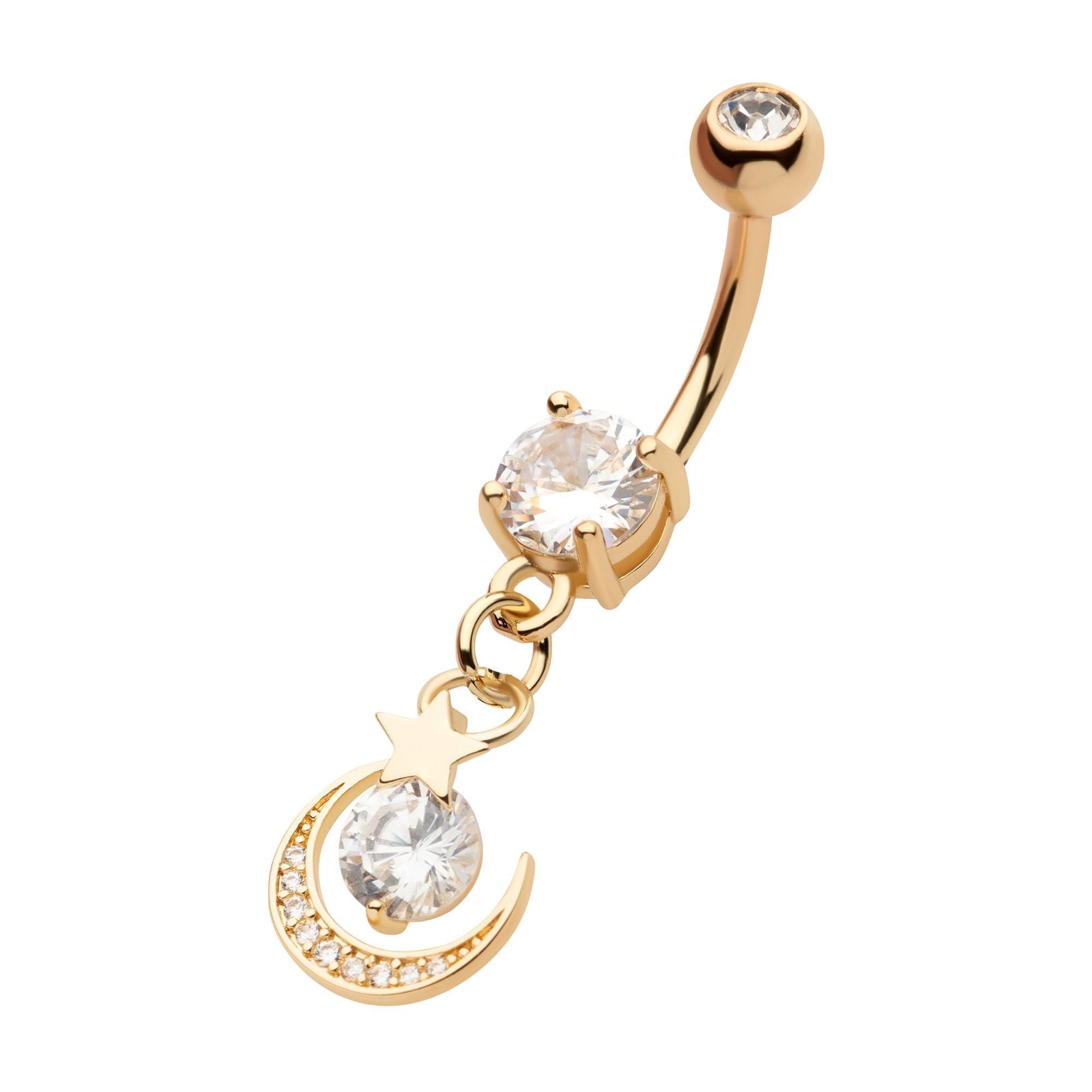 TBD-Belly Gold PVD Externally Threaded Multi Clear CZ Crescent Moon Star Dangle Navel -Rebel Bod-RebelBod