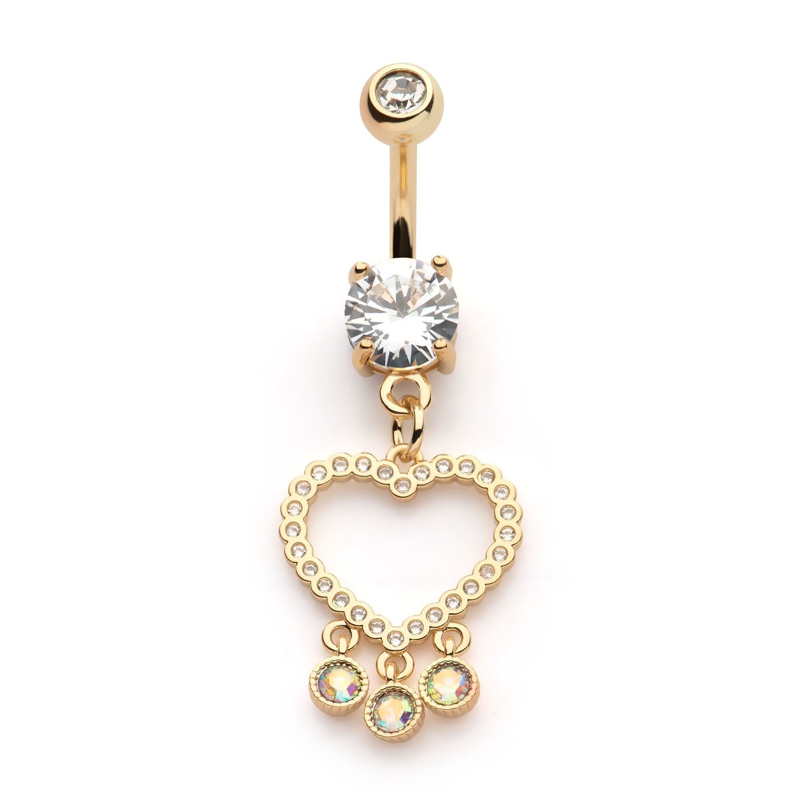TBD-Belly Gold PVD Externally Threaded Multi Clear CZ Cut Out Heart Shape Round Aurora Borealis CZ Double Dangle Navel -Rebel Bod-RebelBod