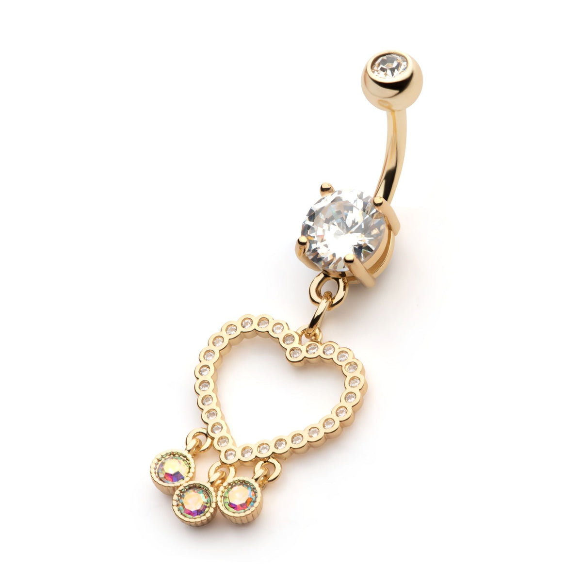 TBD-Belly Gold PVD Externally Threaded Multi Clear CZ Cut Out Heart Shape Round Aurora Borealis CZ Double Dangle Navel -Rebel Bod-RebelBod