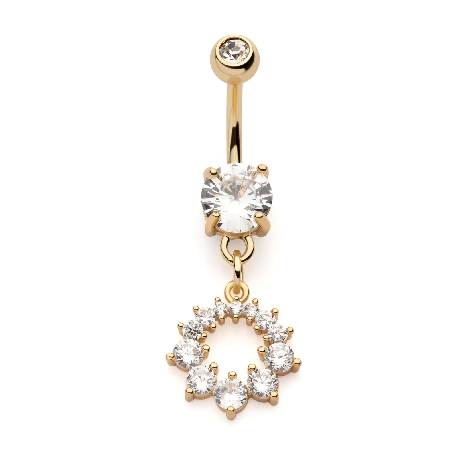 TBD-Belly Gold PVD Externally Threaded Multi Clear CZ Cut Out Round Shape Dangle Navel -Rebel Bod-RebelBod