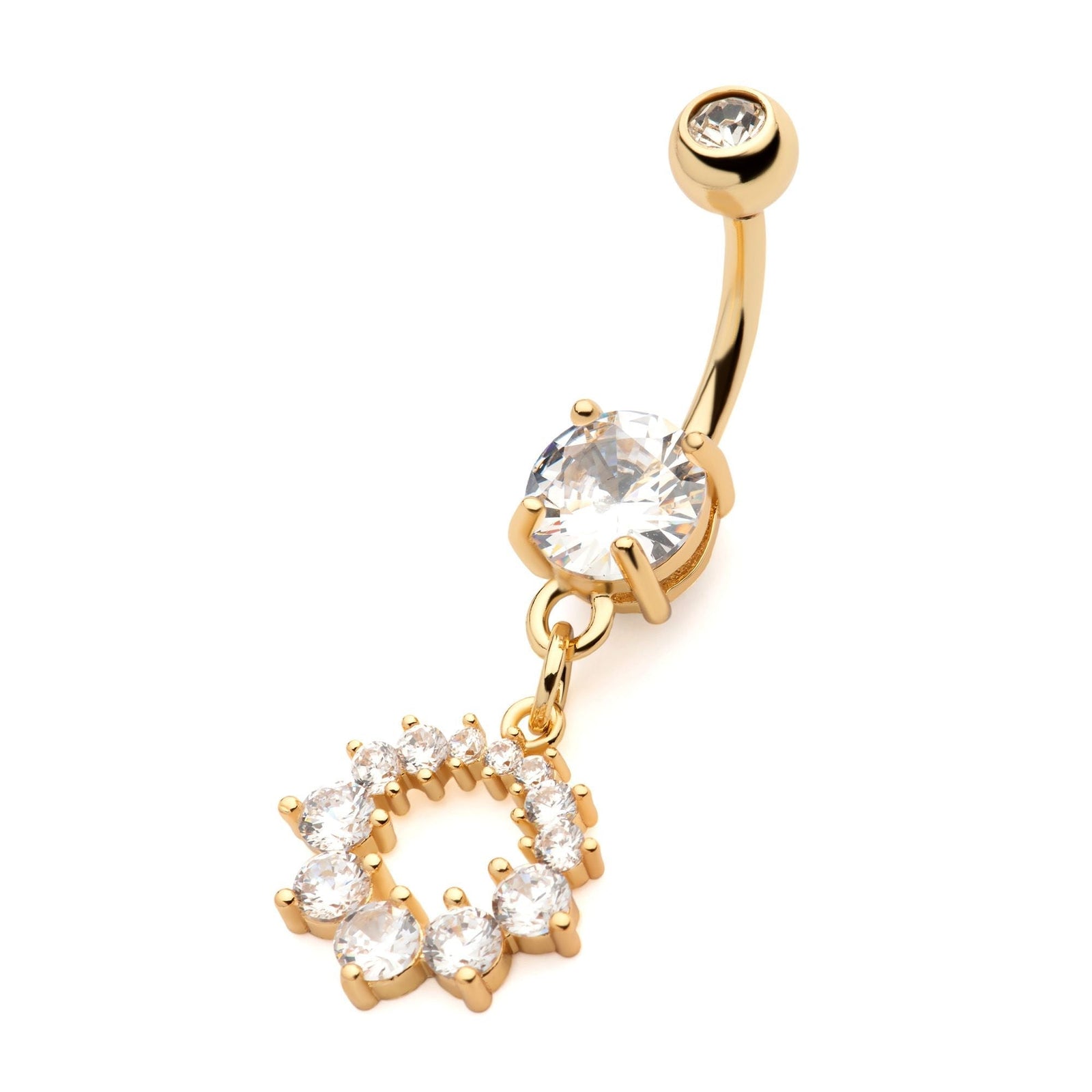 TBD-Belly Gold PVD Externally Threaded Multi Clear CZ Cut Out Round Shape Dangle Navel -Rebel Bod-RebelBod