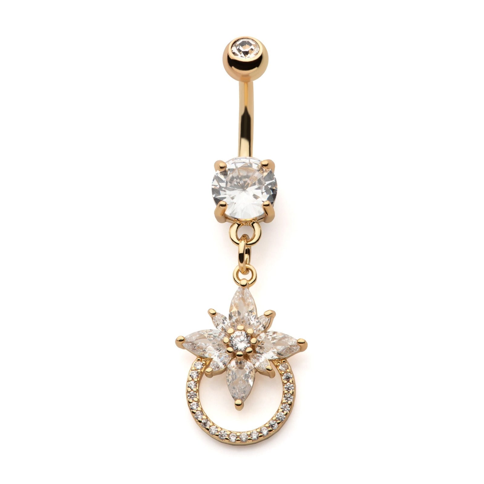 TBD-Belly Gold PVD Externally Threaded Multi Clear CZ Flower Cut Out Round Shape Dangle Navel -Rebel Bod-RebelBod