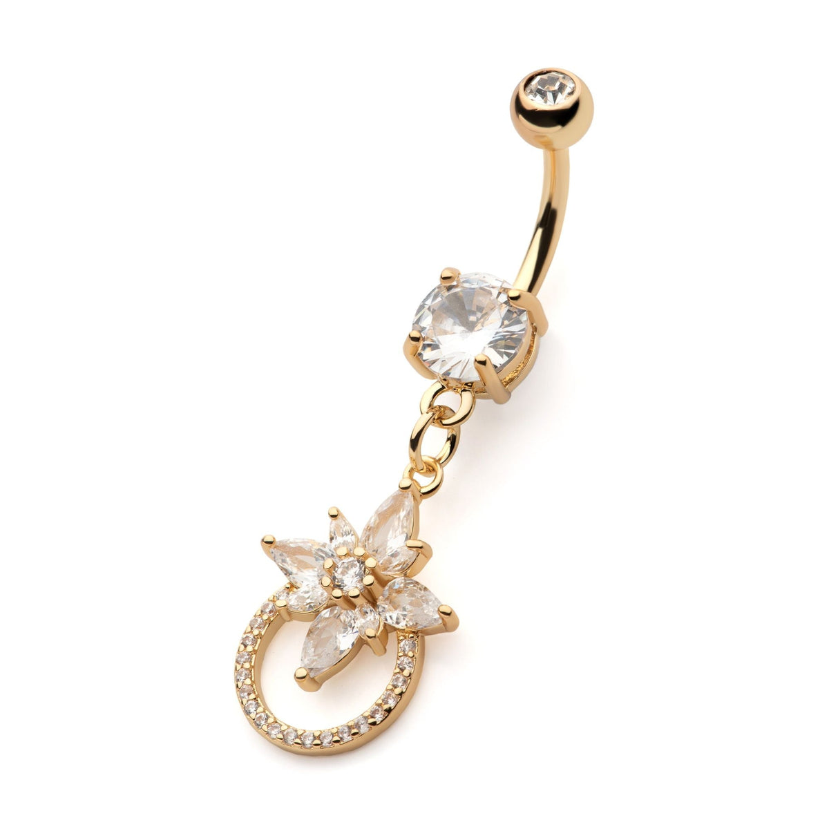 TBD-Belly Gold PVD Externally Threaded Multi Clear CZ Flower Cut Out Round Shape Dangle Navel -Rebel Bod-RebelBod