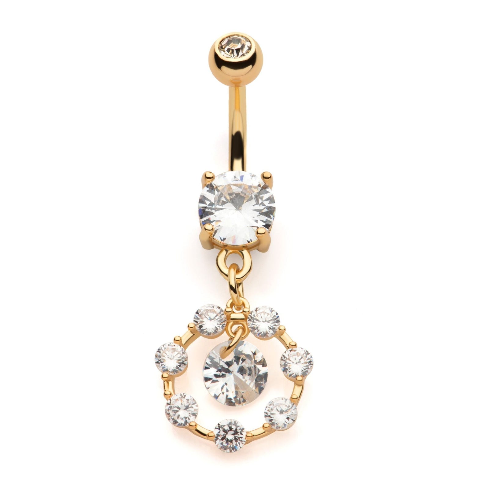 TBD-Belly Gold PVD Externally Threaded Multi Clear CZ Single Round CZ in a Cut Out Round Shape Dangle Navel -Rebel Bod-RebelBod