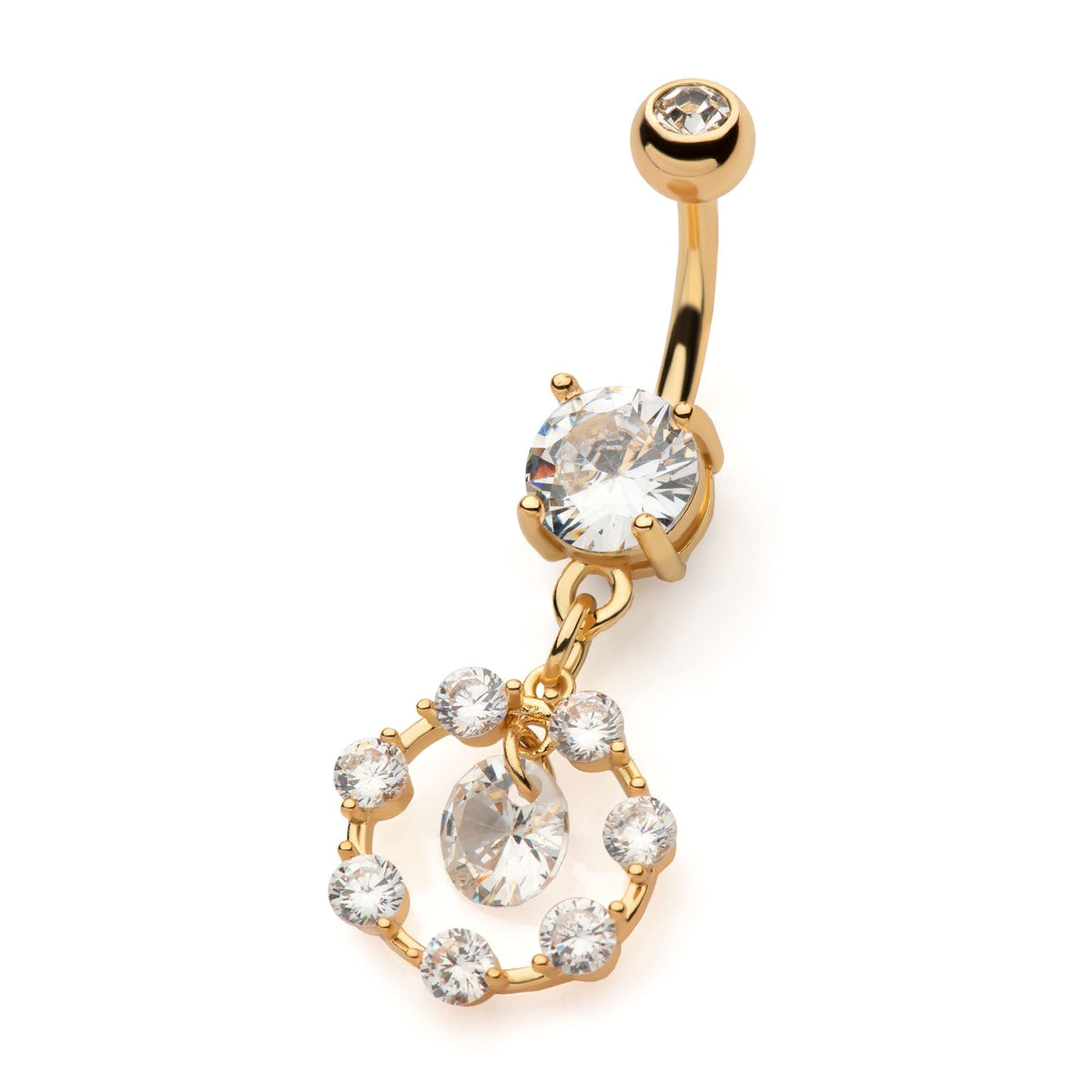 TBD-Belly Gold PVD Externally Threaded Multi Clear CZ Single Round CZ in a Cut Out Round Shape Dangle Navel -Rebel Bod-RebelBod