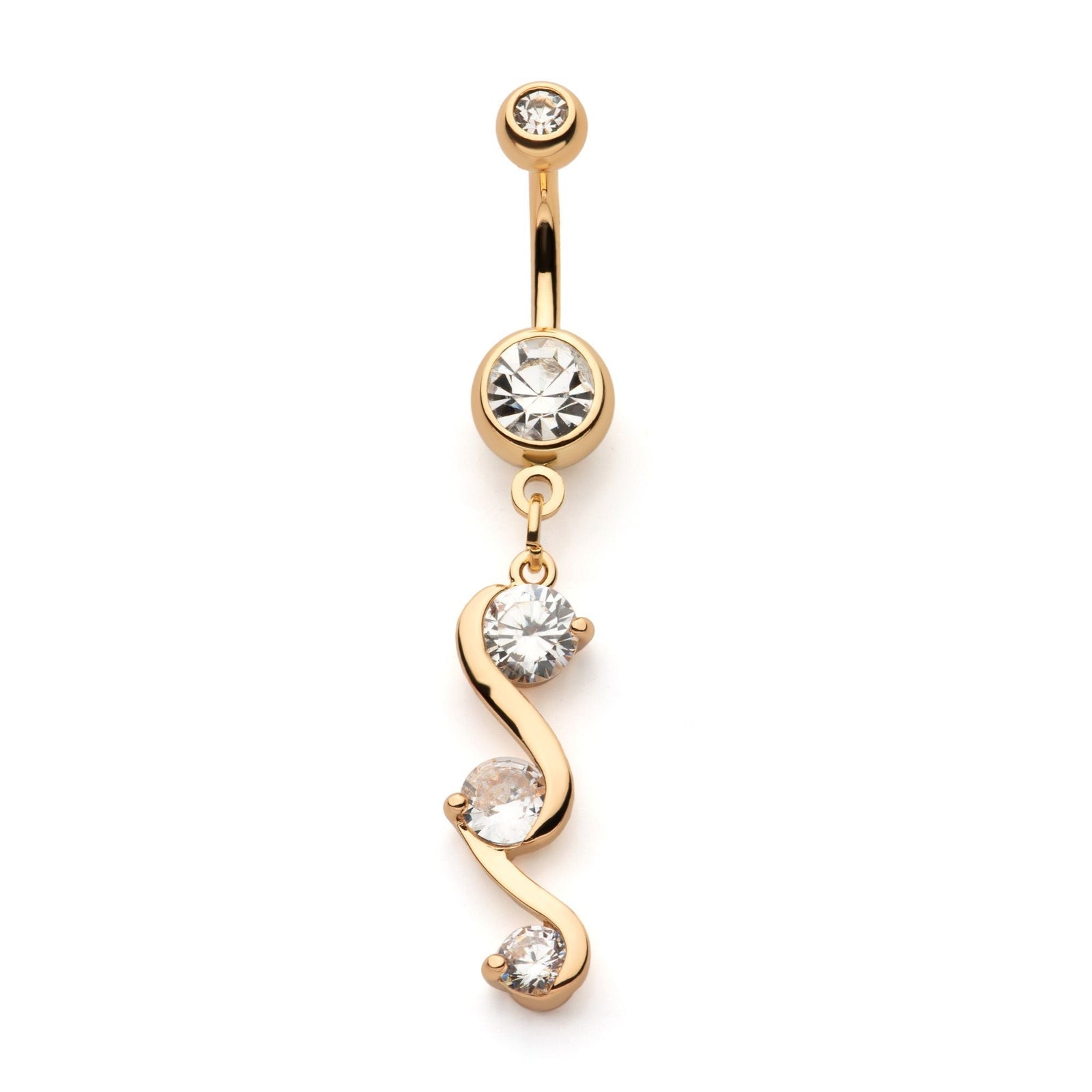 TBD-Belly Gold PVD Externally Threaded Multi Clear CZ Spiral Shape Dangle Navel -Rebel Bod-RebelBod