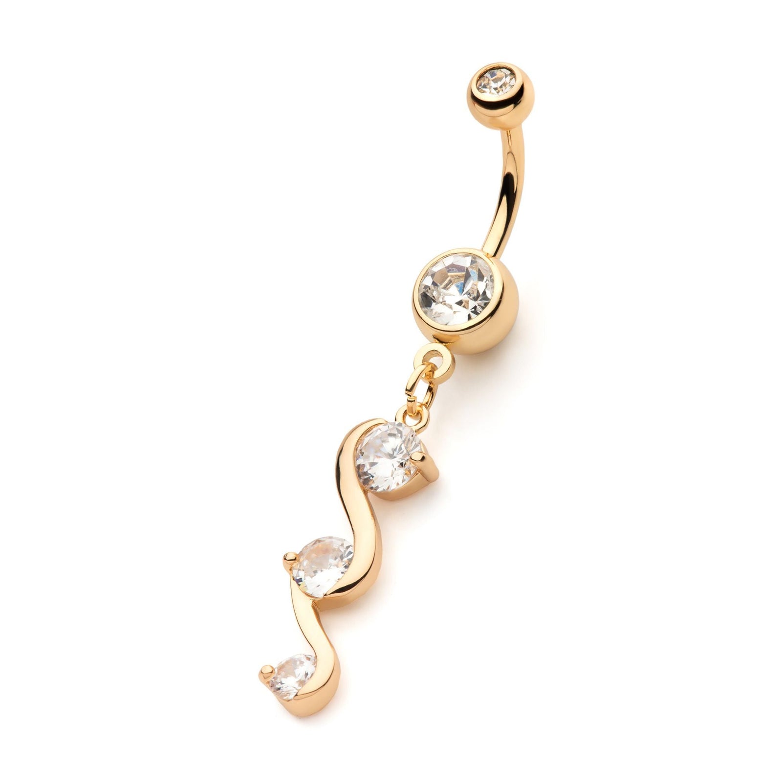 TBD-Belly Gold PVD Externally Threaded Multi Clear CZ Spiral Shape Dangle Navel -Rebel Bod-RebelBod