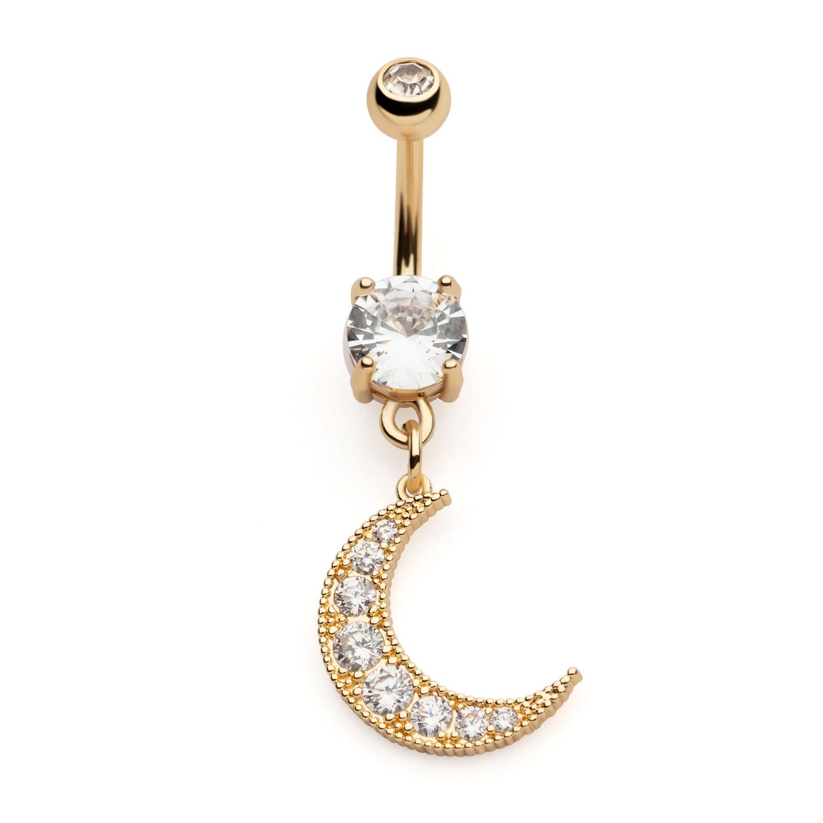 Belly Gold PVD Externally Threaded Pave Gem Crescent Moon Dangle Navel nesl-20603gpc -Rebel Bod-RebelBod