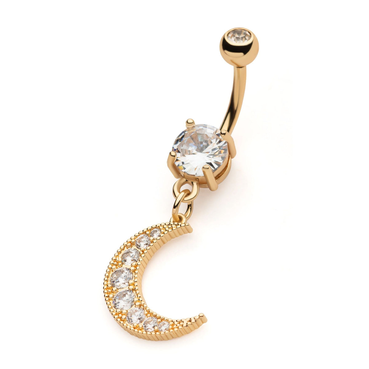 Belly Gold PVD Externally Threaded Pave Gem Crescent Moon Dangle Navel nesl-20603gpc -Rebel Bod-RebelBod