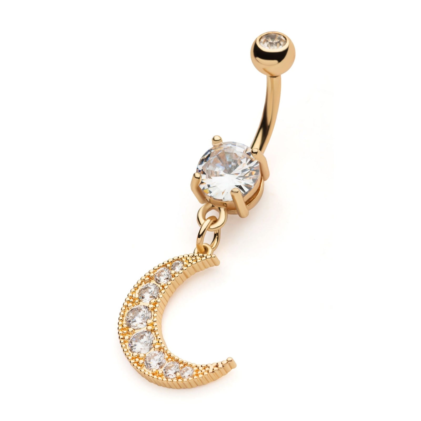 Belly Gold PVD Externally Threaded Pave Gem Crescent Moon Dangle Navel nesl-20603gpc -Rebel Bod-RebelBod