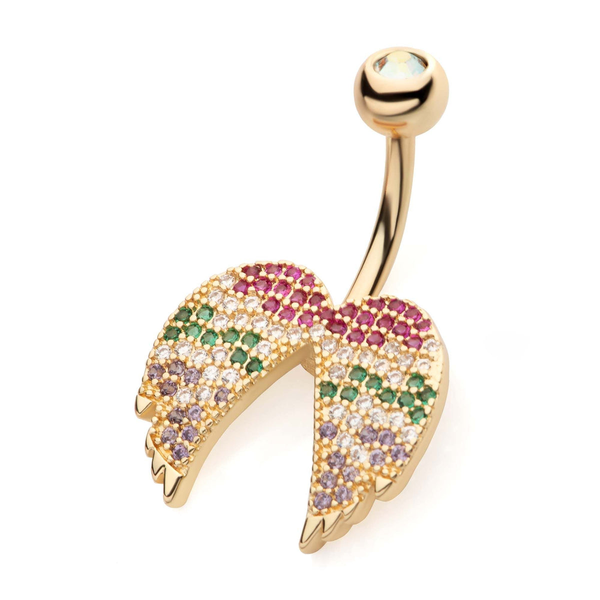 TBD-Belly Gold PVD Externally Threaded Pave Gem Wings Fixed Navel -Rebel Bod-RebelBod