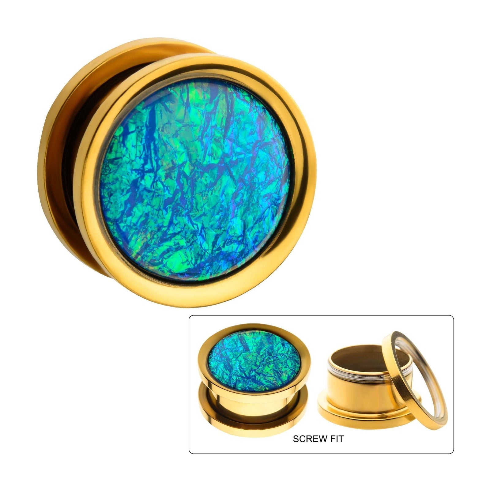 TBD-Plugs Gold PVD Fake Blue Opal Screw Fit Plug -Rebel Bod-RebelBod