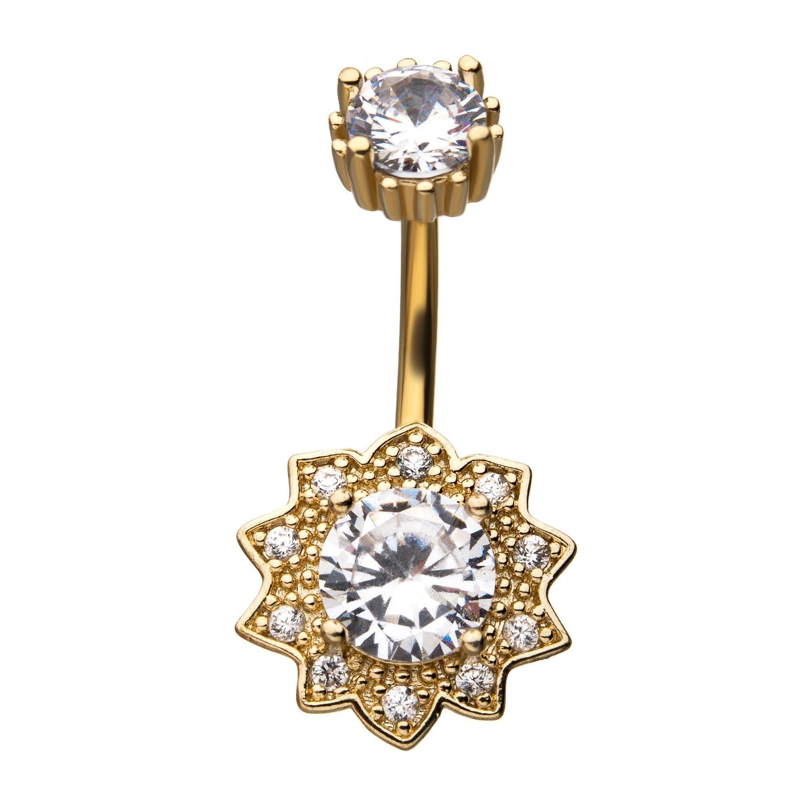 TBD-Belly Gold PVD Flower Clear CZ Gem Fixed Navel -Rebel Bod-RebelBod