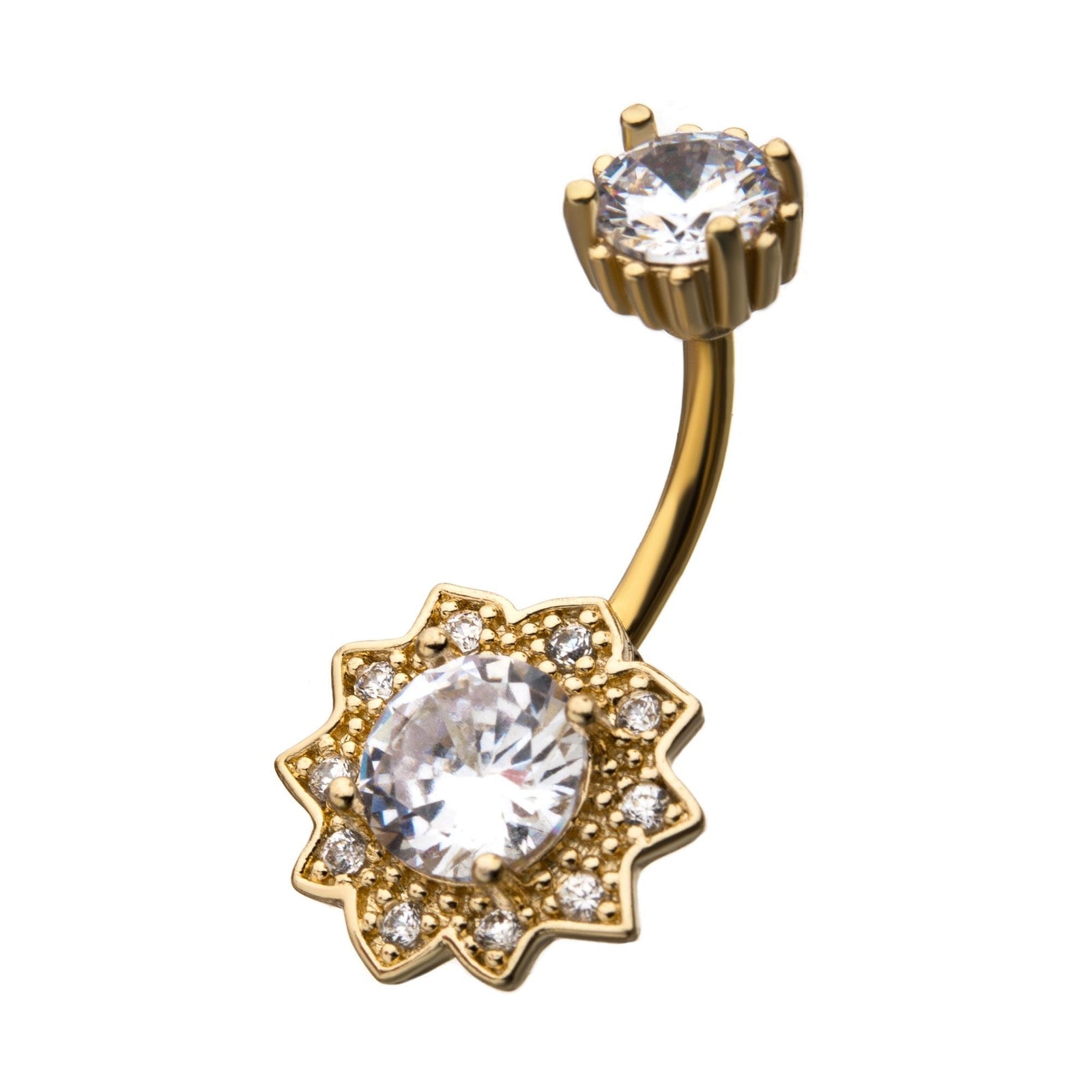 TBD-Belly Gold PVD Flower Clear CZ Gem Fixed Navel -Rebel Bod-RebelBod
