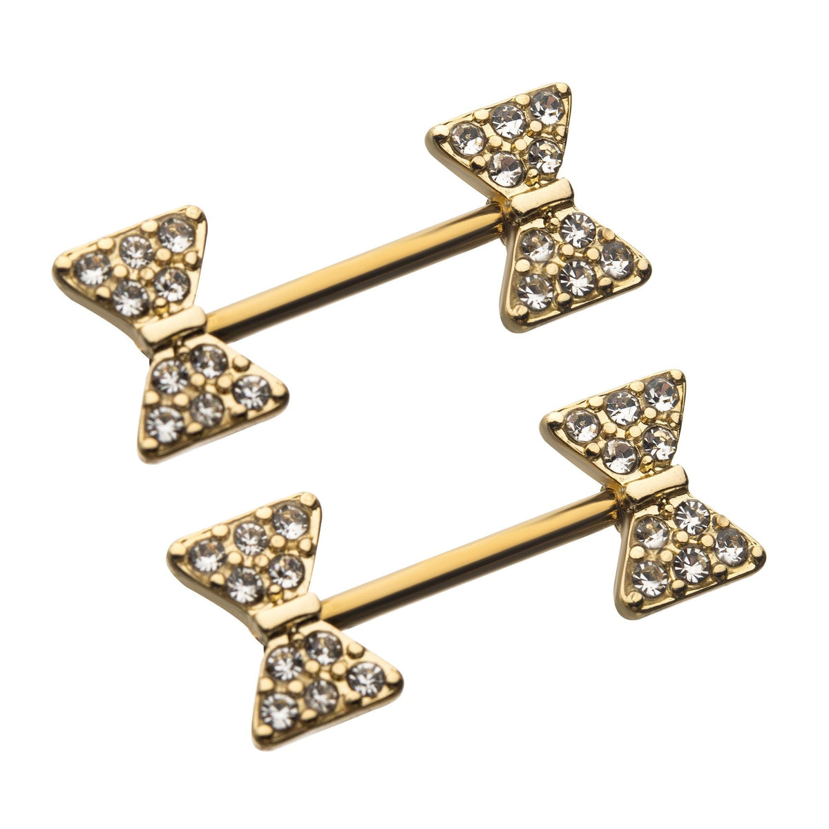 TBD-Nipple Gold PVD Front Facing Bow Tie Clear Gem Nipple Barbell -Rebel Bod-RebelBod