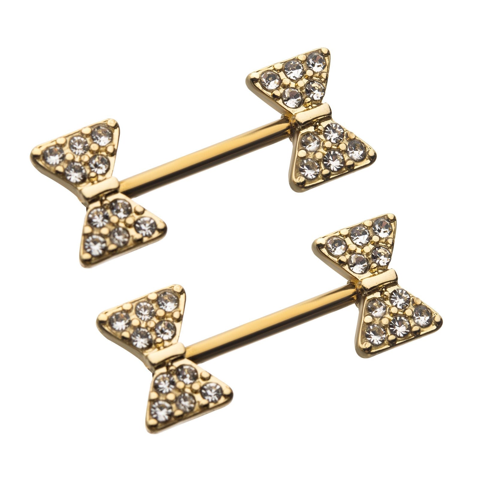 TBD-Nipple Gold PVD Front Facing Bow Tie Clear Gem Nipple Barbell -Rebel Bod-RebelBod