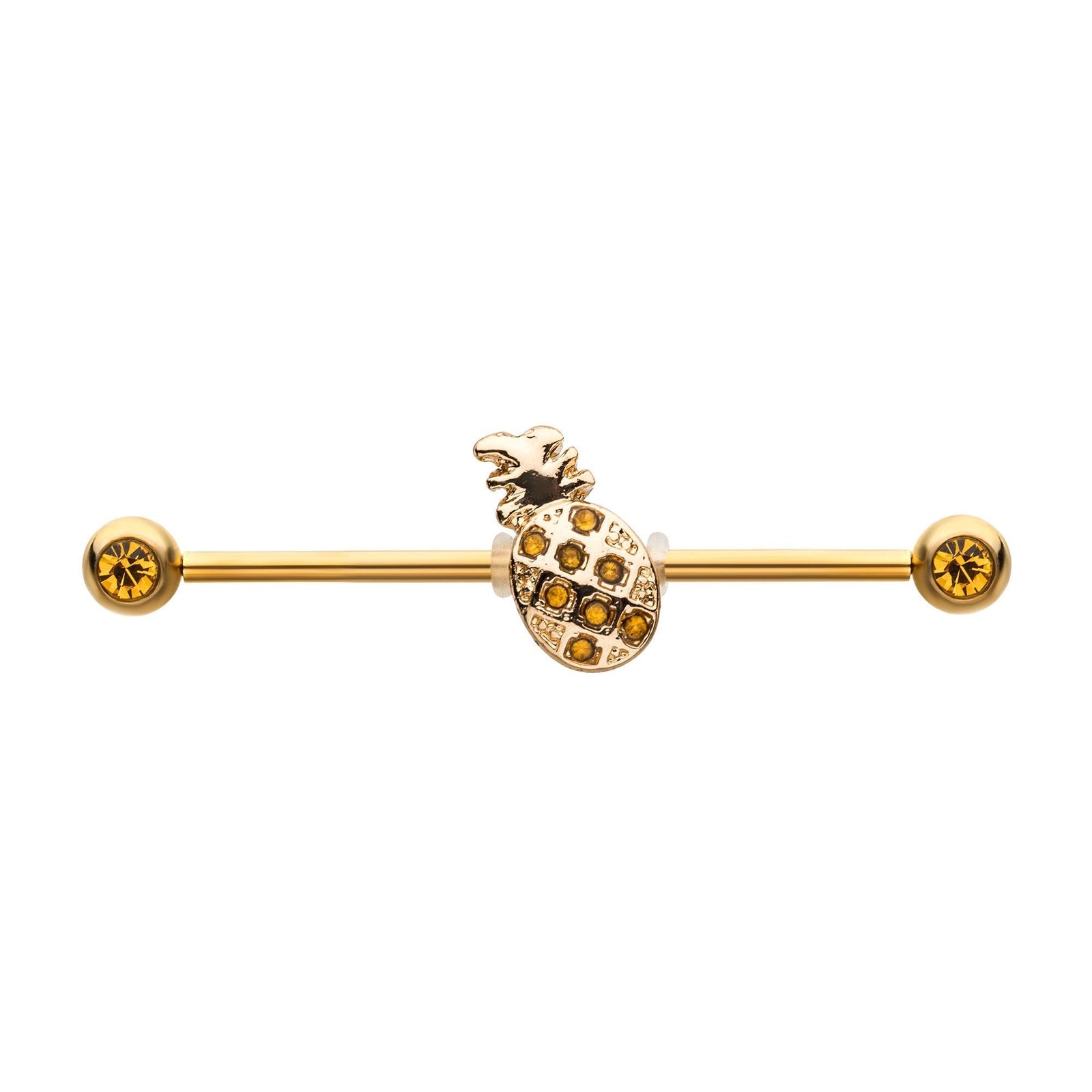 Indistrial Barbell Gold PVD Front Facing Gems Pineapple Industrial Barbell -Rebel Bod-RebelBod