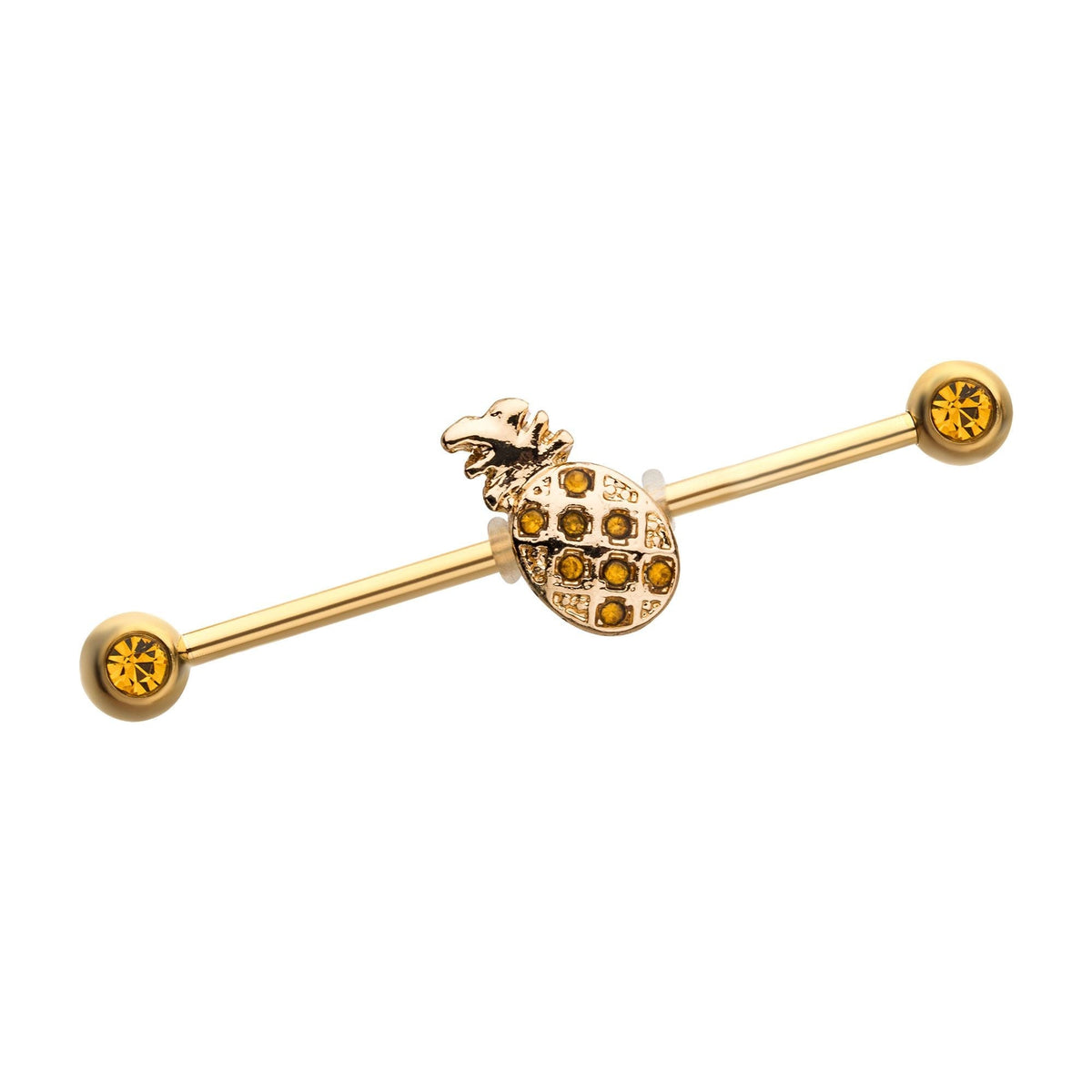 Indistrial Barbell Gold PVD Front Facing Gems Pineapple Industrial Barbell -Rebel Bod-RebelBod