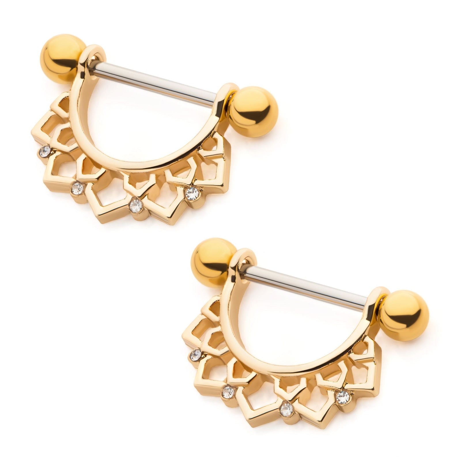 TBD-Nipple Gold PVD Lotus Flower Clear CZ Nipple Barbell Stirrup Jewelry -Rebel Bod-RebelBod