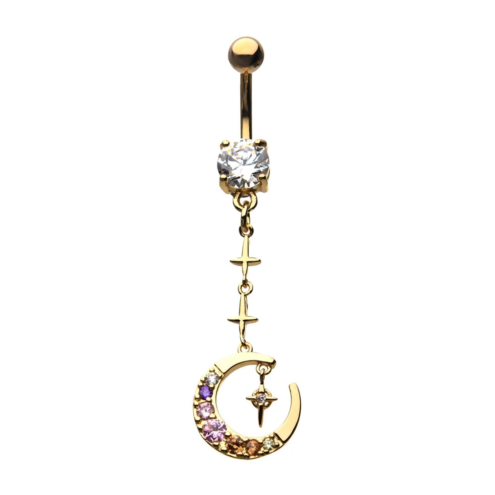 TBD-Belly Gold PVD Multi-Colored CZ Gem Moon Petite Dangle Navel Prong Set Top Clear CZ Gem -Rebel Bod-RebelBod