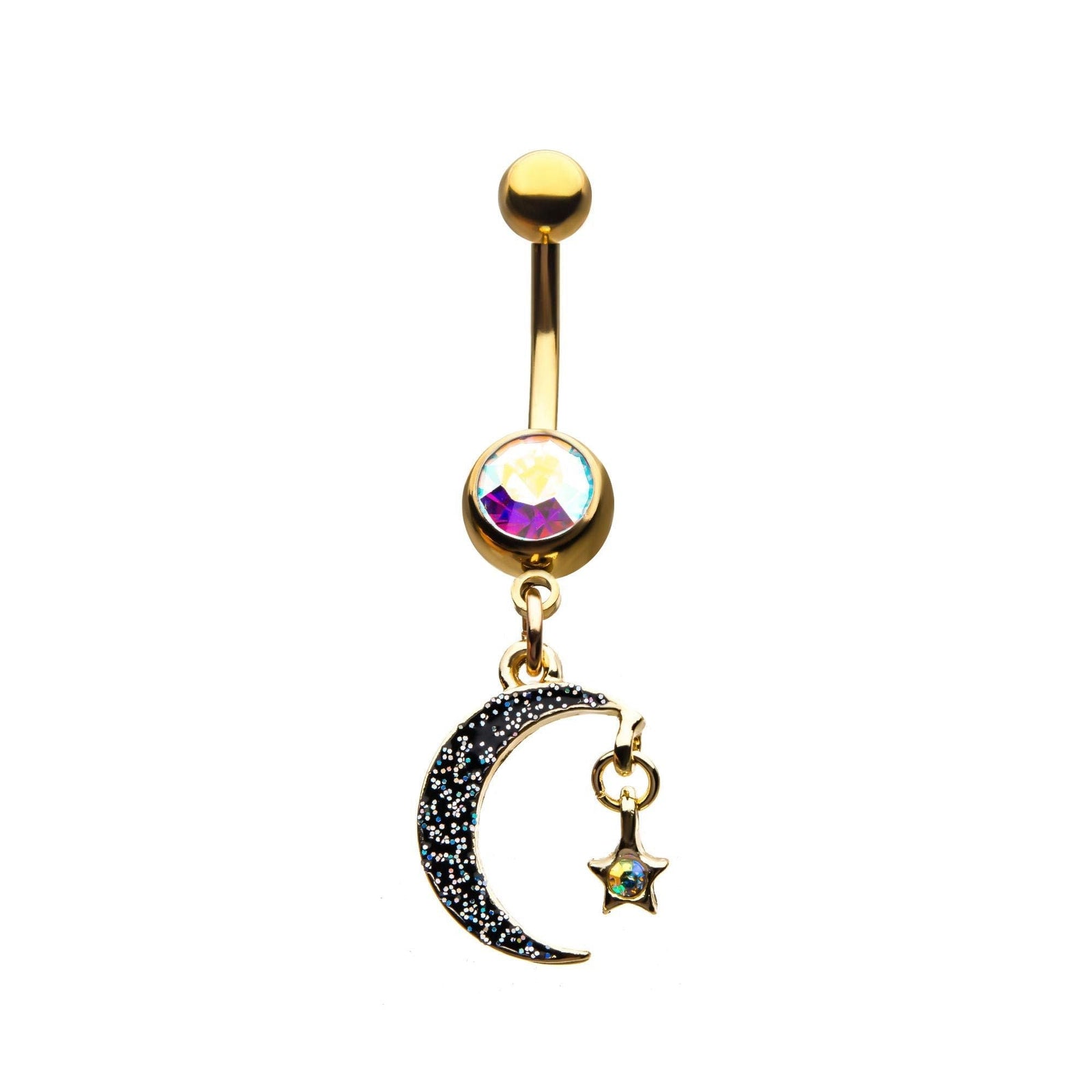 TBD-Belly Gold PVD Navel Aurora Borealis Gem Moon Star Dangle Charm -Rebel Bod-RebelBod