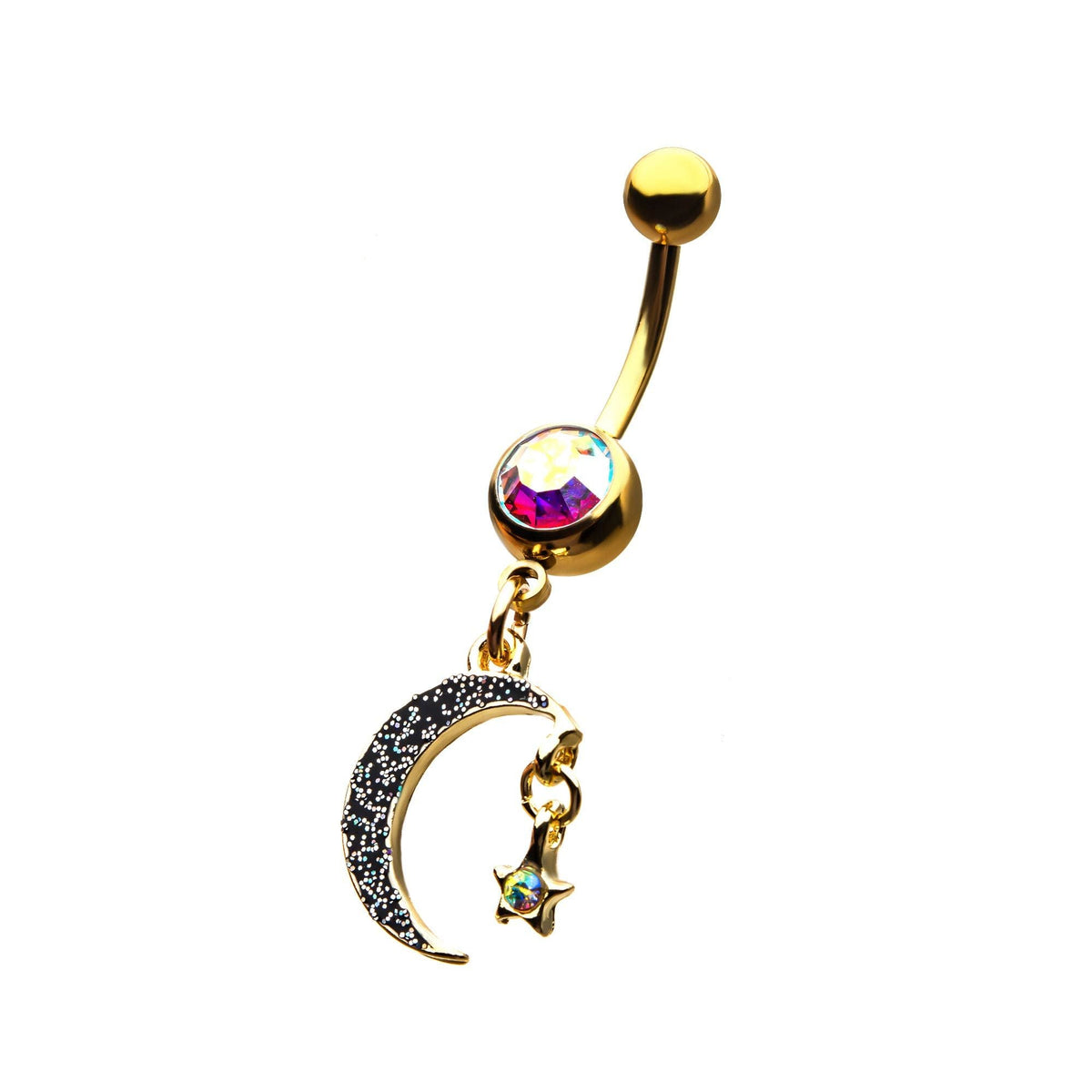 TBD-Belly Gold PVD Navel Aurora Borealis Gem Moon Star Dangle Charm -Rebel Bod-RebelBod