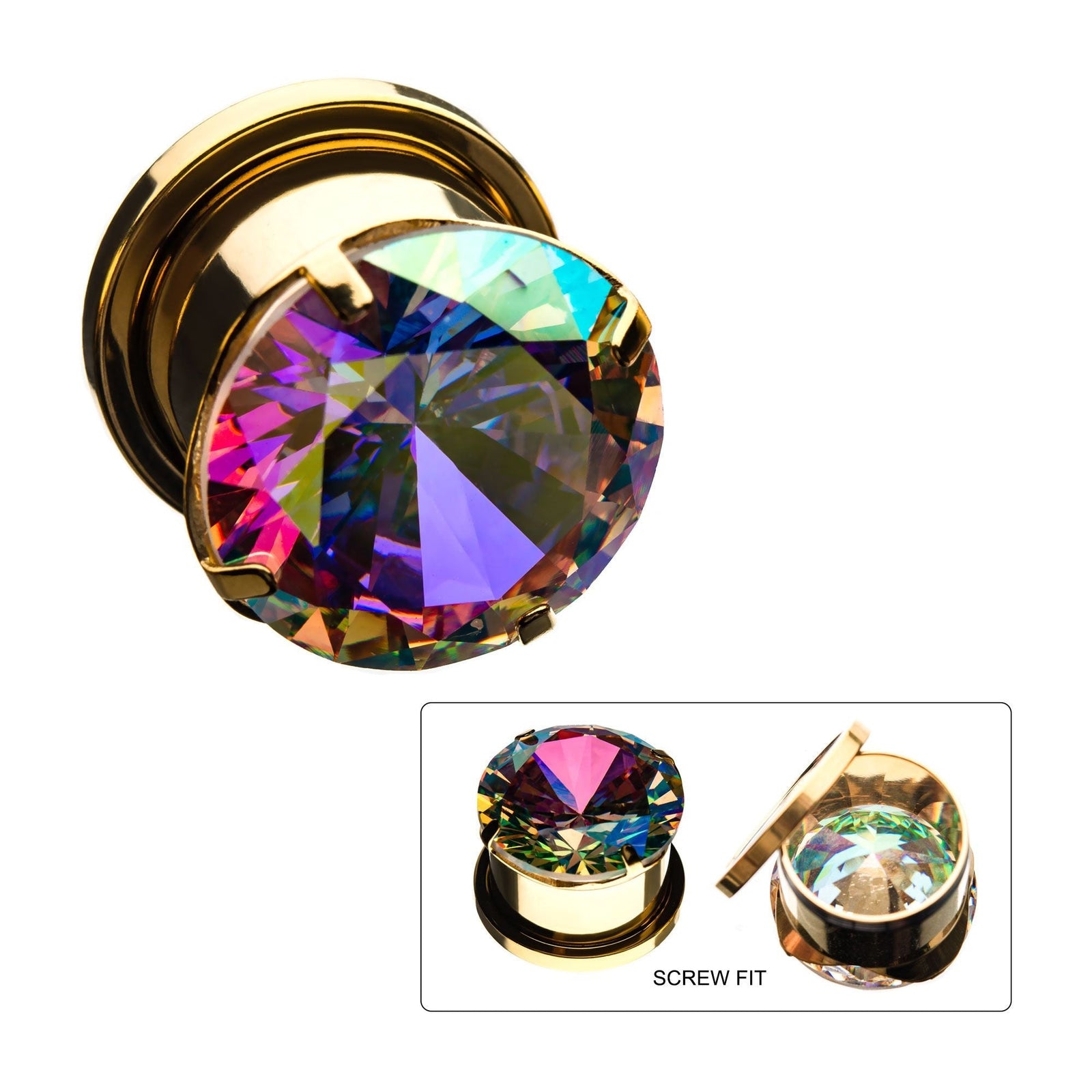 TBD-Plugs Gold PVD Prong Set Aurora Borealis CZ Screw Fit Plug -Rebel Bod-RebelBod