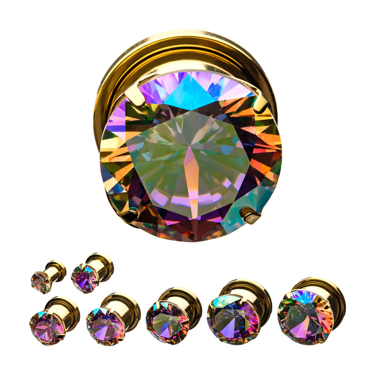 TBD-Plugs Gold PVD Prong Set Aurora Borealis CZ Screw Fit Plug -Rebel Bod-RebelBod