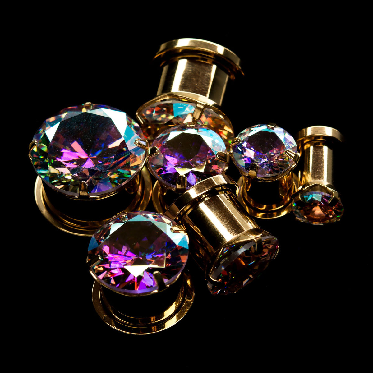 TBD-Plugs Gold PVD Prong Set Aurora Borealis CZ Screw Fit Plug -Rebel Bod-RebelBod