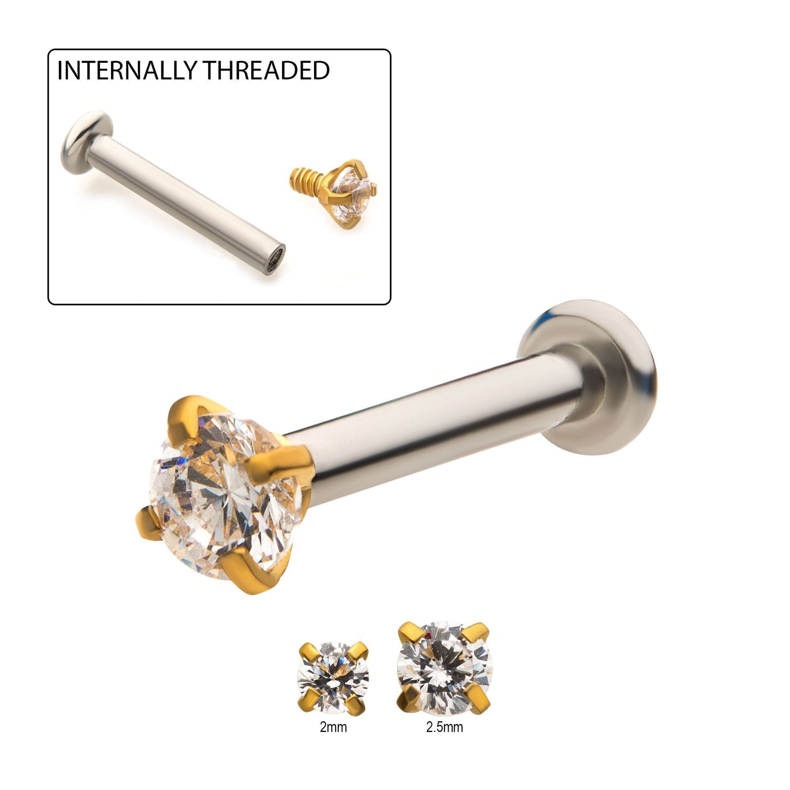 Labret Studs Gold PVD Prong Set Clear CZ Top 316L Internally Threaded Flat Back Labret -Rebel Bod-RebelBod