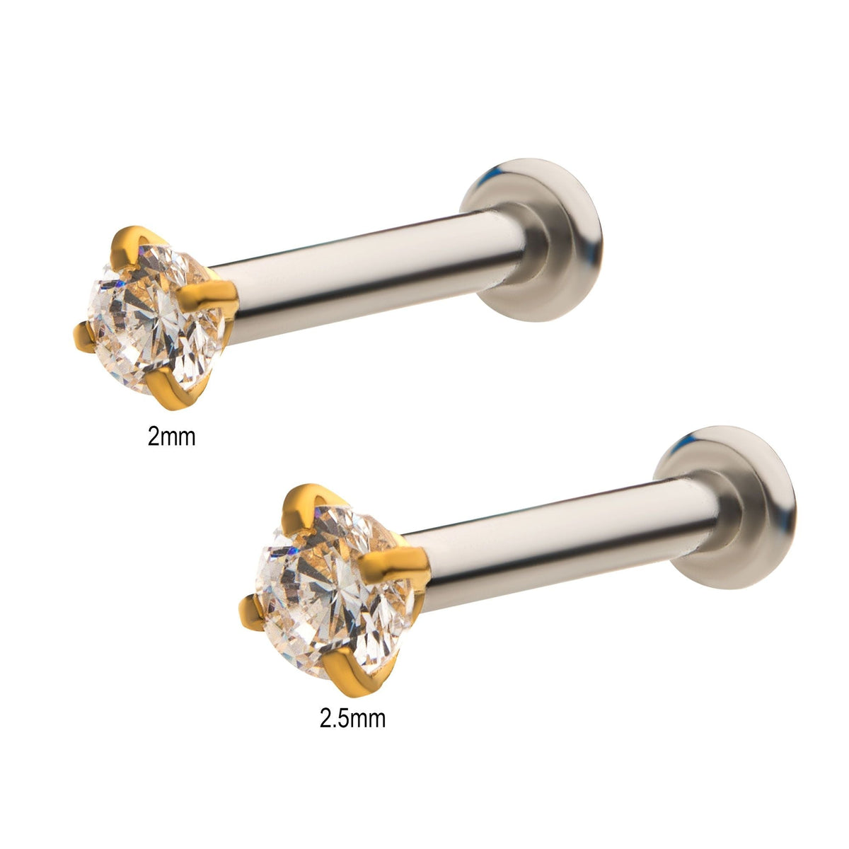 Labret Studs Gold PVD Prong Set Clear CZ Top 316L Internally Threaded Flat Back Labret -Rebel Bod-RebelBod
