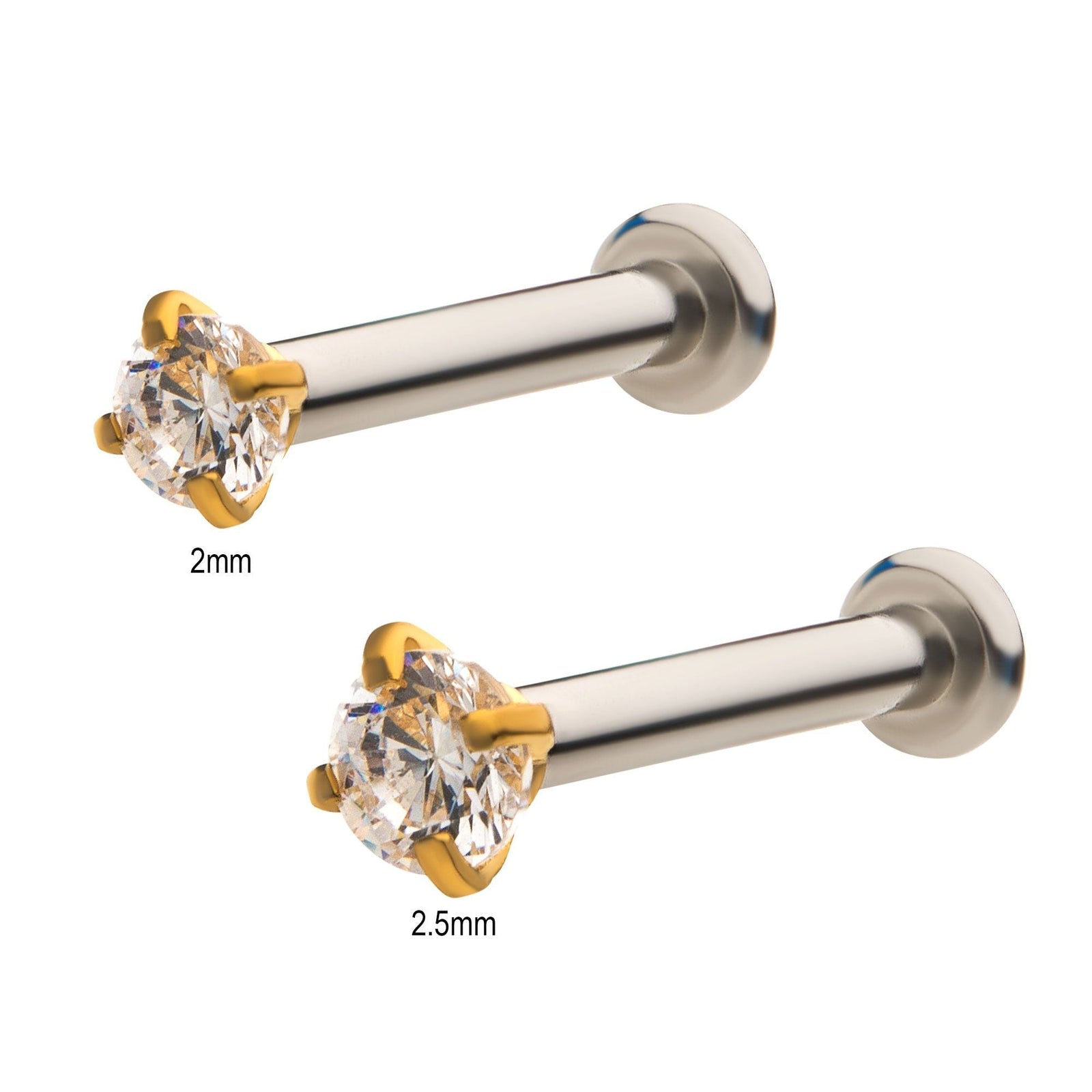 Labret Studs Gold PVD Prong Set Clear CZ Top 316L Internally Threaded Flat Back Labret -Rebel Bod-RebelBod