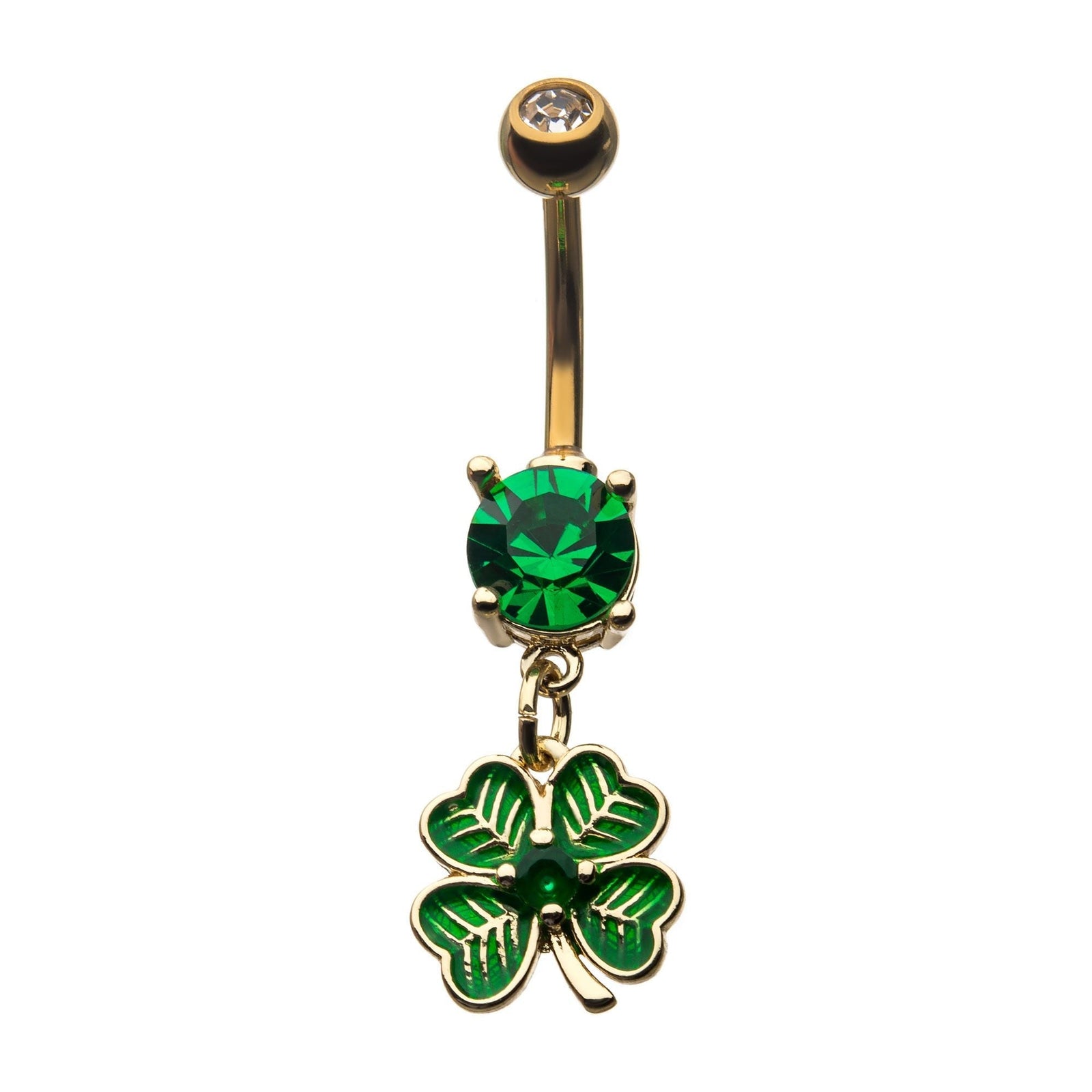 TBD-Belly Gold PVD Prong Set Clear Green CZ 4 Leaf Clover Dangle Navel -Rebel Bod-RebelBod