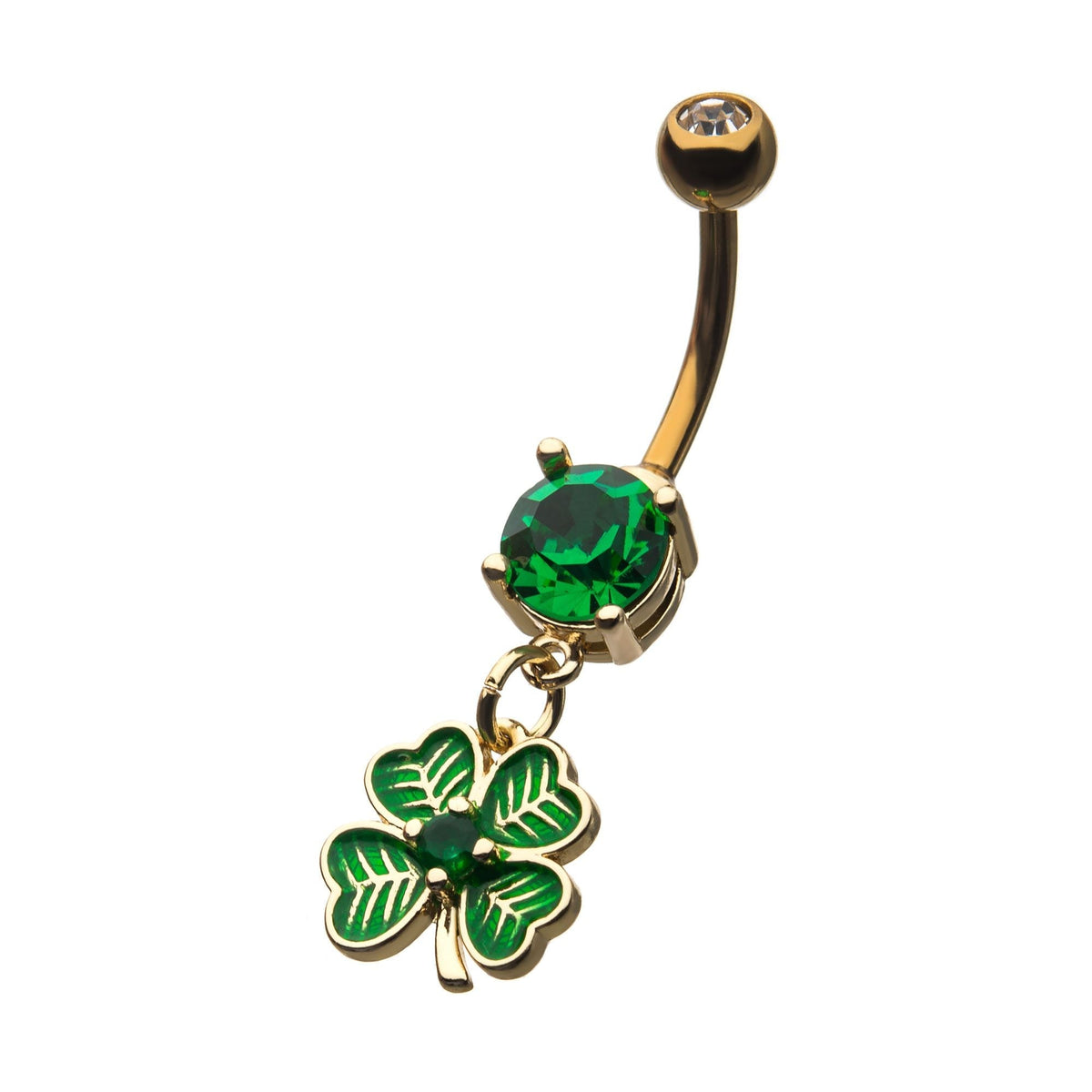 TBD-Belly Gold PVD Prong Set Clear Green CZ 4 Leaf Clover Dangle Navel -Rebel Bod-RebelBod