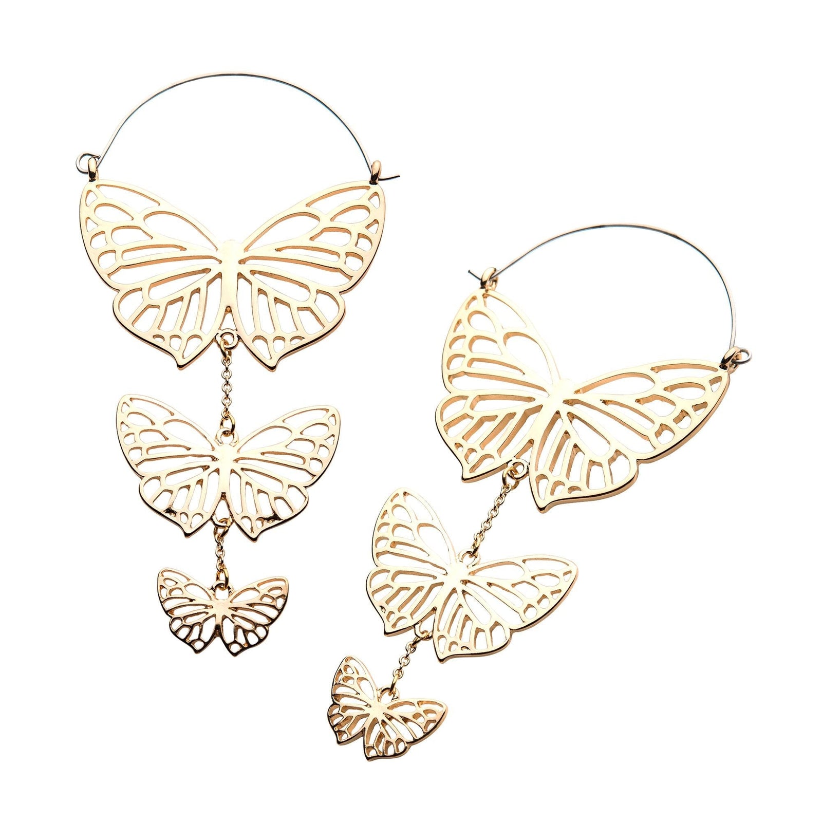 Tapers - Hanging Gold PVD Silver Plated Layered Butterflies Plug Hoops -Rebel Bod-RebelBod