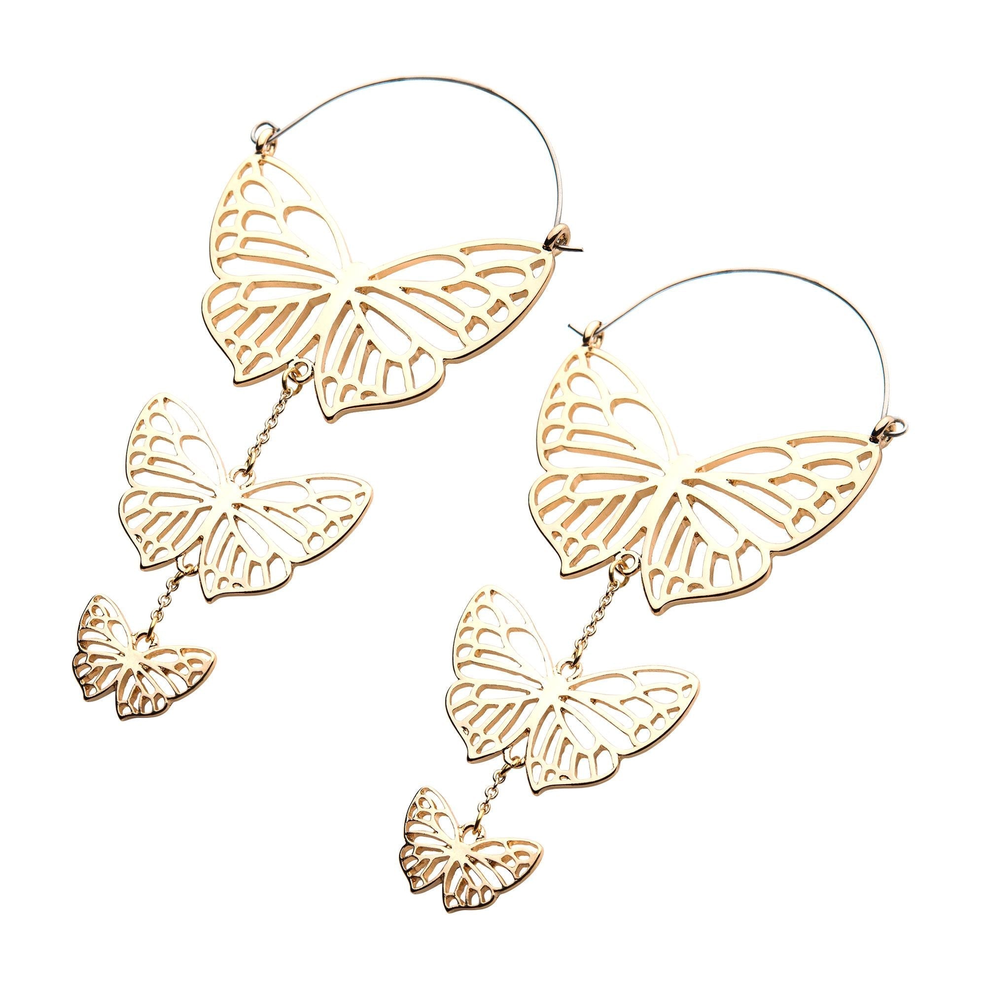 Tapers - Hanging Gold PVD Silver Plated Layered Butterflies Plug Hoops -Rebel Bod-RebelBod