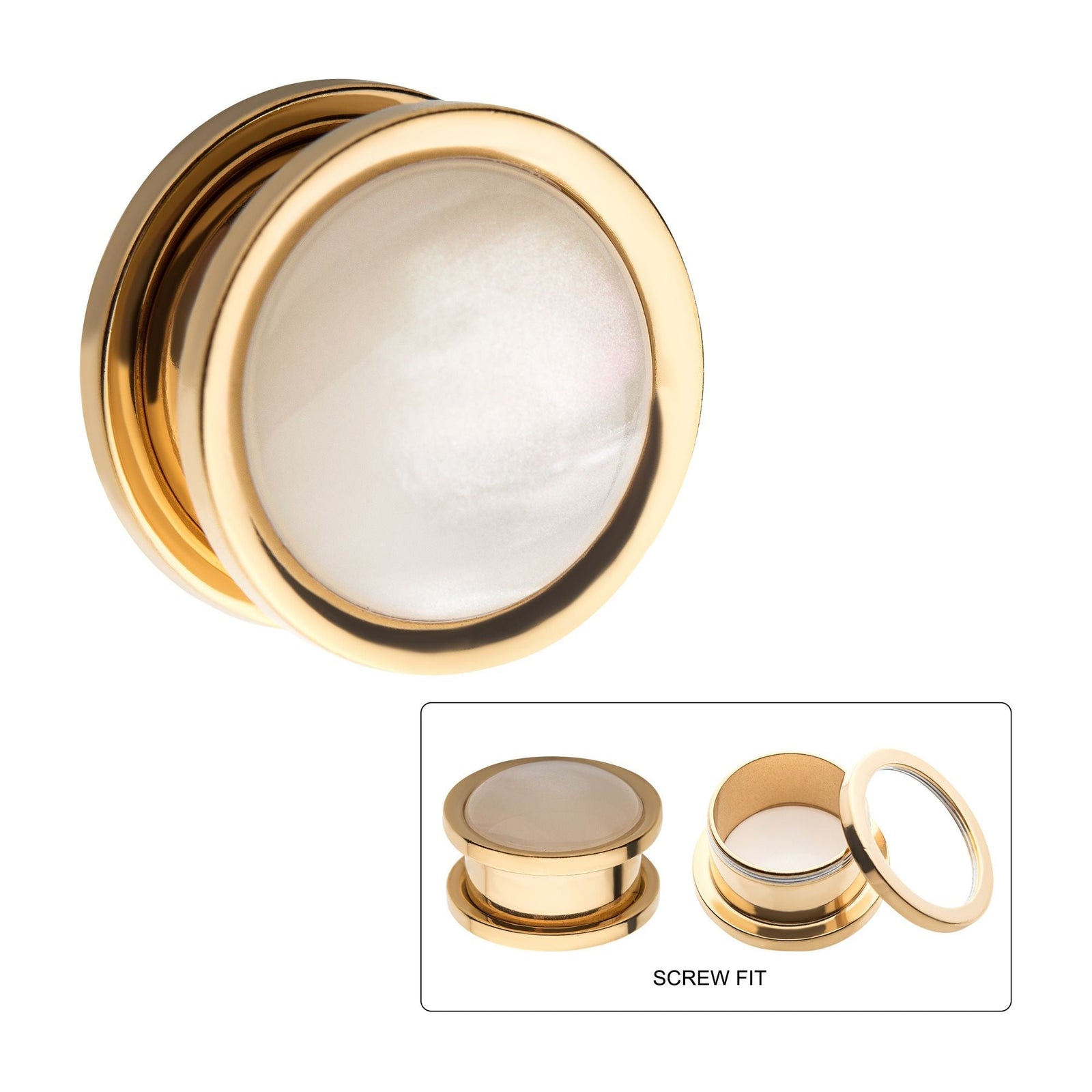 TBD-Plugs Gold PVD White Pearl Stone Screw Fit Plug -Rebel Bod-RebelBod