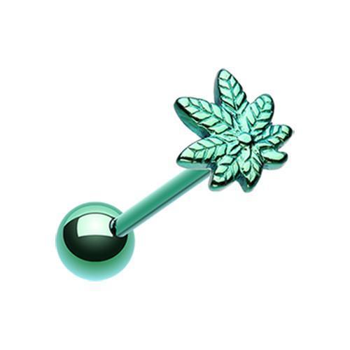 Green PVD Pot Leaf Top Barbell Tongue Ring